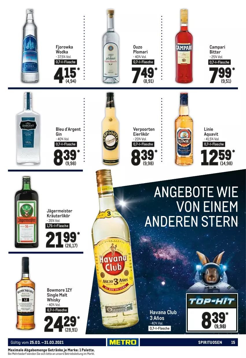 Aktueller Prospekt Metro - Food - von 25.03 bis 31.03.2021 - strona 15 - produkty: aqua, aquavit, Bowmore, campari, eier, eierlikör, eis, flasche, Germ, getränk, getränke, gin, Havana Club, jägermeister, kräuter, kräuterlikör, likör, Meister, ouzo, Palette, single malt, spirituosen, Ti, verpoorten, whisky, wodka