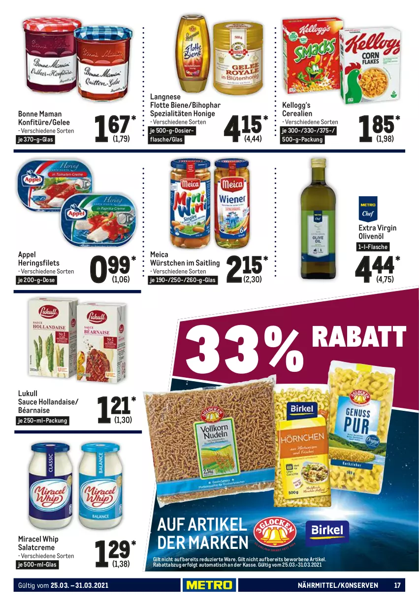 Aktueller Prospekt Metro - Food - von 25.03 bis 31.03.2021 - strona 17 - produkty: auto, bihophar, bonne maman, cerealien, creme, filet, filets, flasche, gelee, gin, hering, Herings, heringsfilets, hollandaise, honig, in olivenöl, Kellogg‘s, konfitüre, Konserven, langnese, LG, lukull, mam, meica, miracel, miracel whip, olive, oliven, olivenöl, ring, salat, salatcreme, sauce, sauce hollandaise, Spezi, Ti, tisch, würstchen