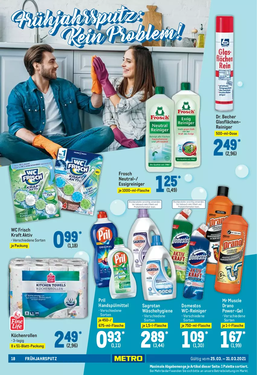 Aktueller Prospekt Metro - Food - von 25.03 bis 31.03.2021 - strona 18 - produkty: Becher, domestos, essig, flasche, Frosch, kraft, küche, Küchen, küchenrolle, küchenrollen, Palette, power-gel, pril, reiniger, sagrotan, spülmittel, Ti, wc frisch, WC Frisch Kraft Aktiv, wc-reiniger