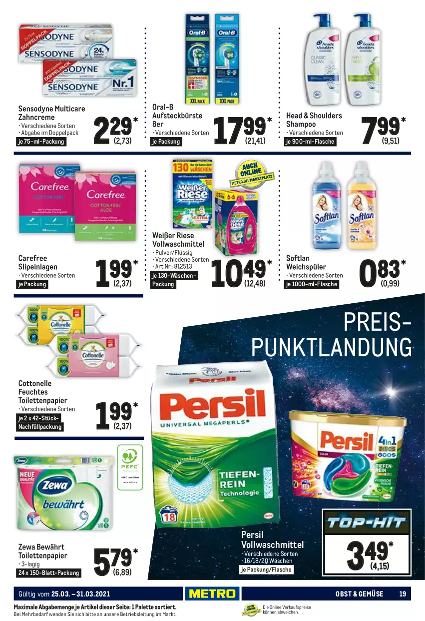 Aktueller Prospekt Metro - Food - von 25.03 bis 31.03.2021 - strona 19 - produkty: bürste, carefree, cottonelle, creme, elle, feuchtes toilettenpapier, flasche, obst, oral-b, Palette, papier, persil, sensodyne, shampoo, slip, slipeinlagen, Softlan, Ti, toilettenpapier, vollwaschmittel, waschmittel, weichspüler, zahncreme, zewa