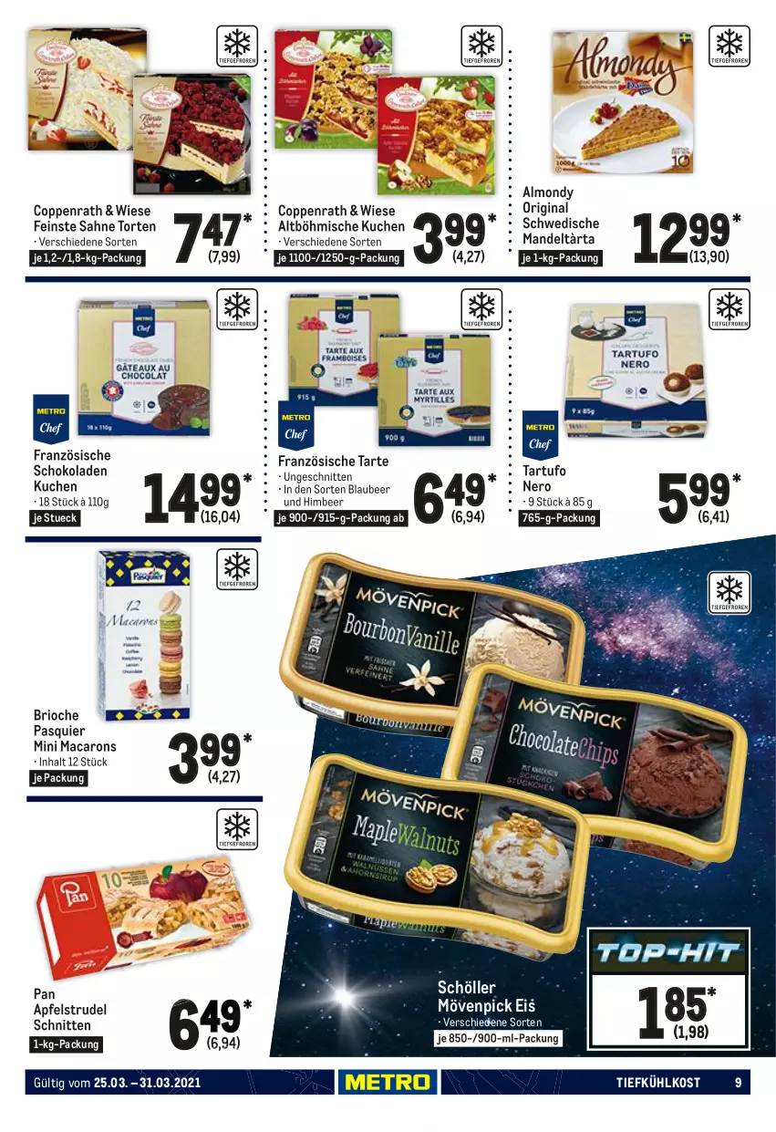 Aktueller Prospekt Metro - Food - von 25.03 bis 31.03.2021 - strona 9 - produkty: apfel, Apfelstrudel, Blaubeer, coppenrath, eis, gin, himbeer, kuchen, mac, Macarons, mandel, mövenpick, mövenpick eis, nero, sahne, schnitten, schoko, schokolade, schokoladen, Schöller, Strudel, Tartufo, Ti, tiefkühlkost, torte