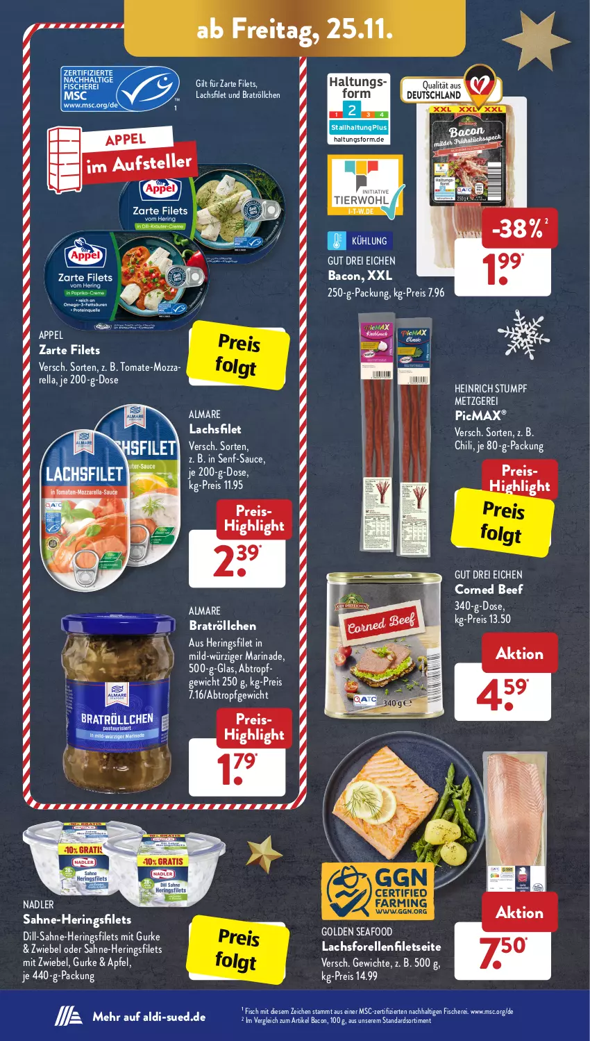 Aktueller Prospekt AldiSud - IN ZWEI WOCHEN - von 21.11 bis 26.11.2022 - strona 30 - produkty: aldi, almare, apfel, bacon, beef, chili, corned beef, eis, elle, filet, filets, fisch, fische, Fischer, forelle, gurke, hering, Herings, heringsfilets, lachs, lachsfilet, LG, marinade, mozzarella, nadler, reis, rel, ring, sahne, sauce, Schere, senf, teller, Ti, tomate, zwiebel