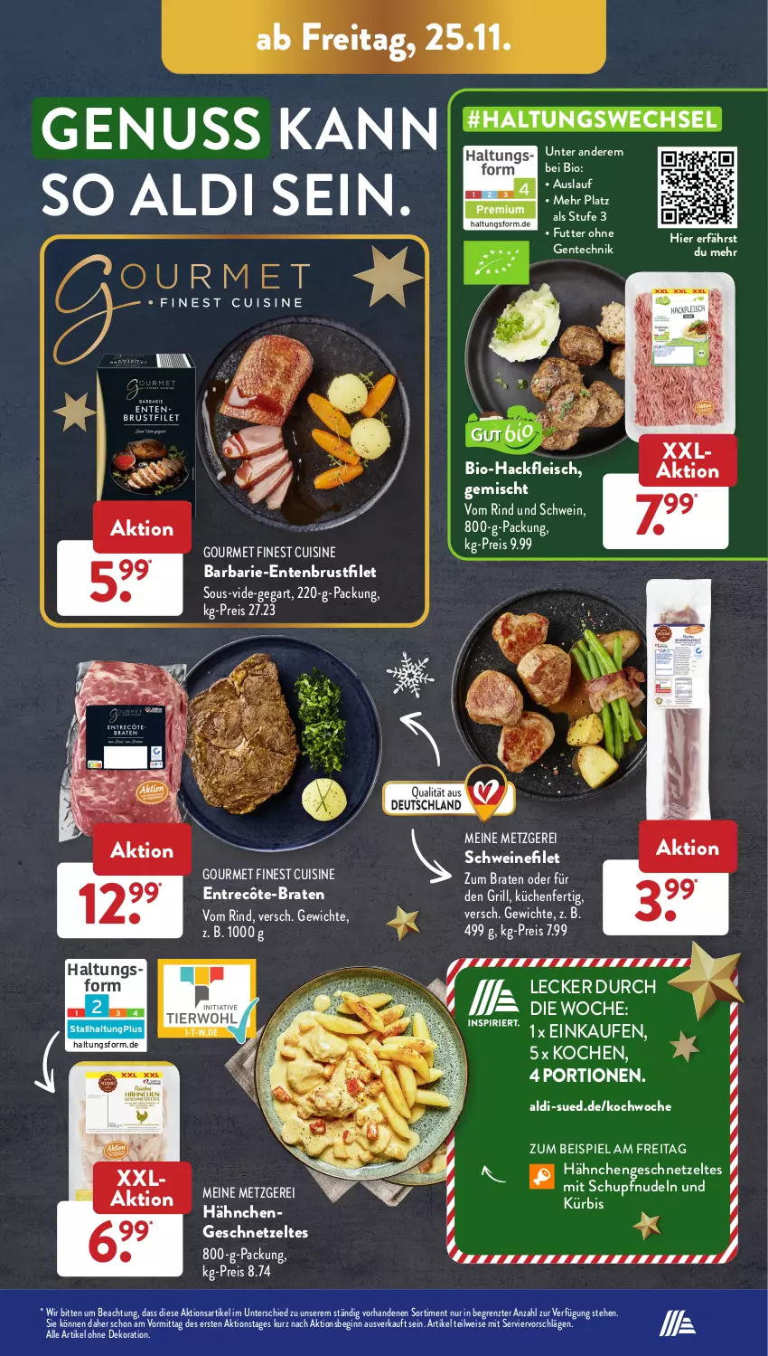 Aktueller Prospekt AldiSud - IN ZWEI WOCHEN - von 21.11 bis 26.11.2022 - strona 31 - produkty: aldi, alle artikel ohne dekoration, bio, Bio-Hackfleisch, braten, brustfilet, dekoration, eis, ente, Entenbrust, entrecôte, filet, fleisch, geschnetzeltes, gin, grill, gsw, hackfleisch, Hähnchengeschnetzeltes, küche, Küchen, Kürbis, nudel, nudeln, nuss, reis, rind, schwein, schweine, schweinefilet, Ti, wein, weine, Zelt, ZTE