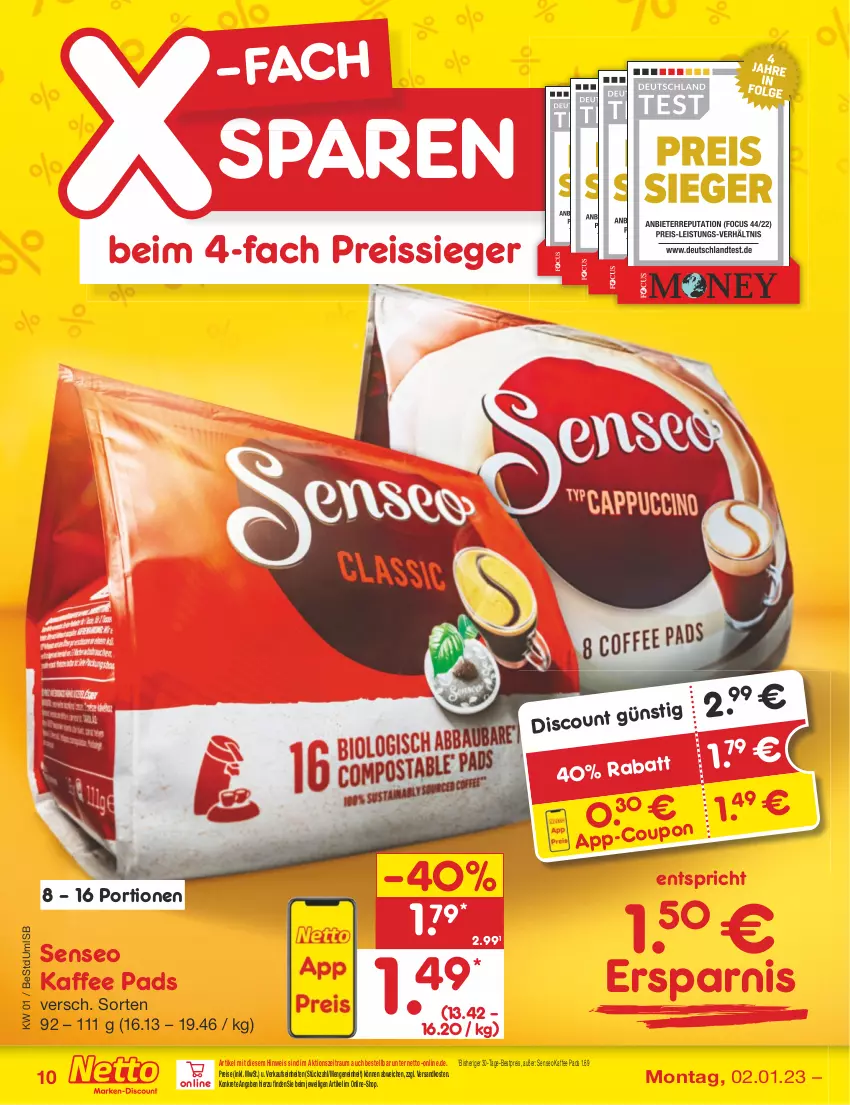 Aktueller Prospekt Netto Marken-Discount - Filial-Angebote - von 02.01 bis 07.01.2023 - strona 10 - produkty: bestpreis, discount, eis, kaffee, ndk, reis, reiss, senseo, Ti