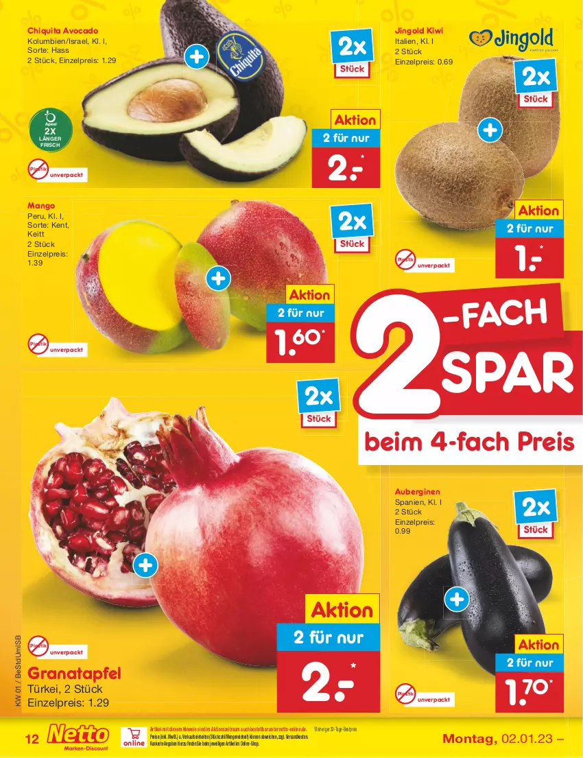 Aktueller Prospekt Netto Marken-Discount - Filial-Angebote - von 02.01 bis 07.01.2023 - strona 12 - produkty: apfel, asti, aubergine, auberginen, avocado, bestpreis, chiquita, eis, gin, grana, granatapfel, kiwi, mango, ndk, Rana, reis, Ti