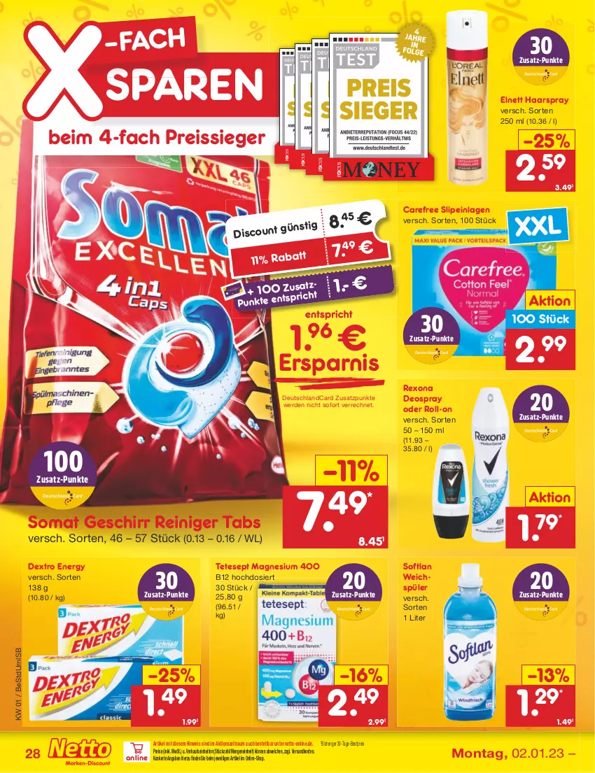 Aktueller Prospekt Netto Marken-Discount - Filial-Angebote - von 02.01 bis 07.01.2023 - strona 28 - produkty: bestpreis, carefree, deo, deospray, deutschlandcard, discount, eis, elnett, erde, geschirr, haarspray, magnesium, magnesium 400, ndk, reiniger, reis, reiss, rexona, roll-on, slip, slipeinlagen, Softlan, somat, Ti, weichspüler