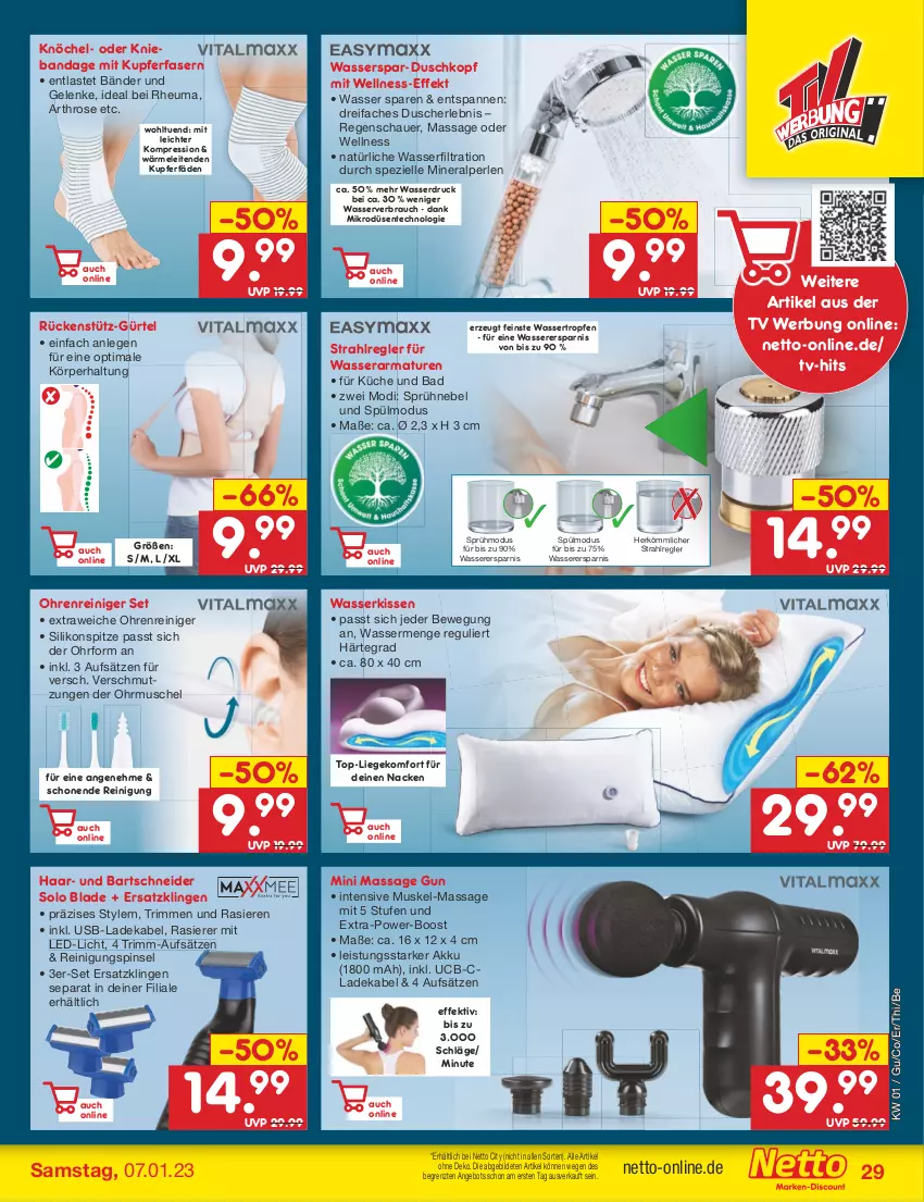 Aktueller Prospekt Netto Marken-Discount - Filial-Angebote - von 02.01 bis 07.01.2023 - strona 29 - produkty: akku, angebot, armatur, armaturen, auer, Bad, bartschneider, deka, dusche, eis, elle, ente, Heu, kissen, küche, ladekabel, led-licht, Liege, perlen, Pinsel, rasierer, Rauch, reiniger, Reinigung, Spezi, Ti, usb, wasser, ZTE