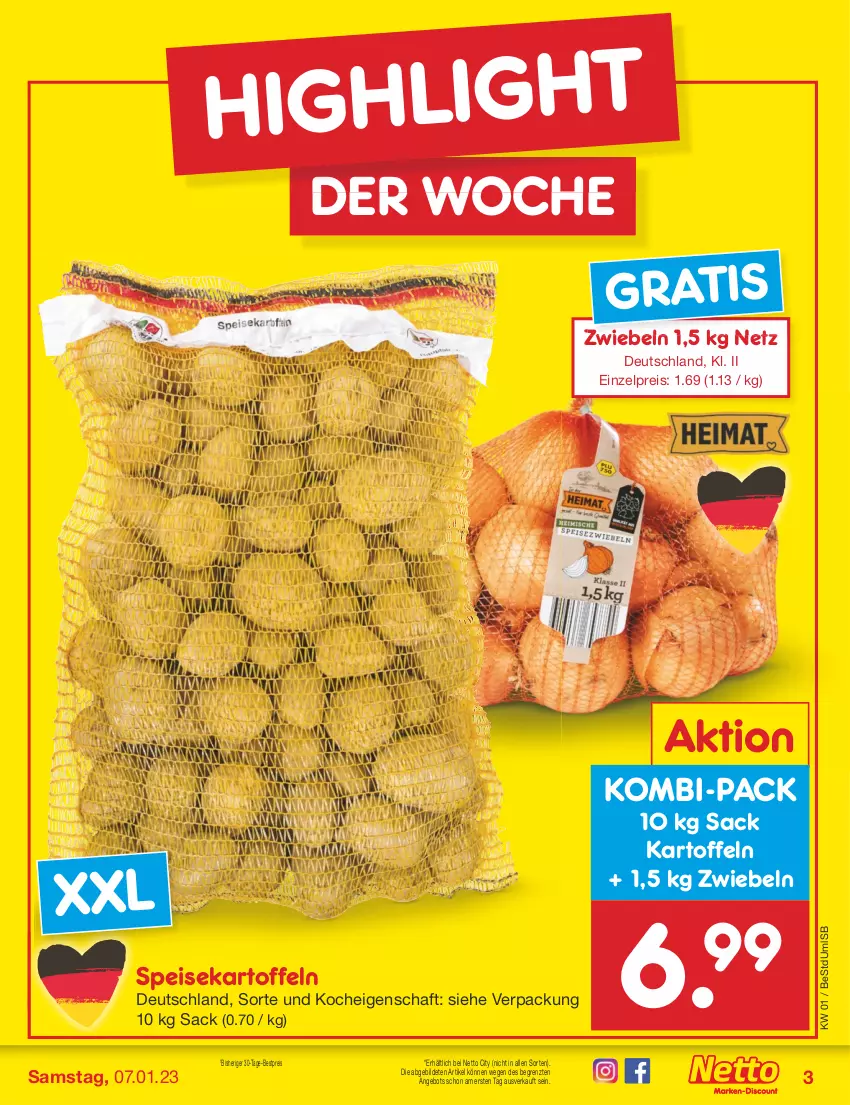 Aktueller Prospekt Netto Marken-Discount - Filial-Angebote - von 02.01 bis 07.01.2023 - strona 3 - produkty: angebot, bestpreis, eis, kartoffel, kartoffeln, reis, sac, speisekartoffeln, Ti, ZTE, zwiebel, zwiebeln