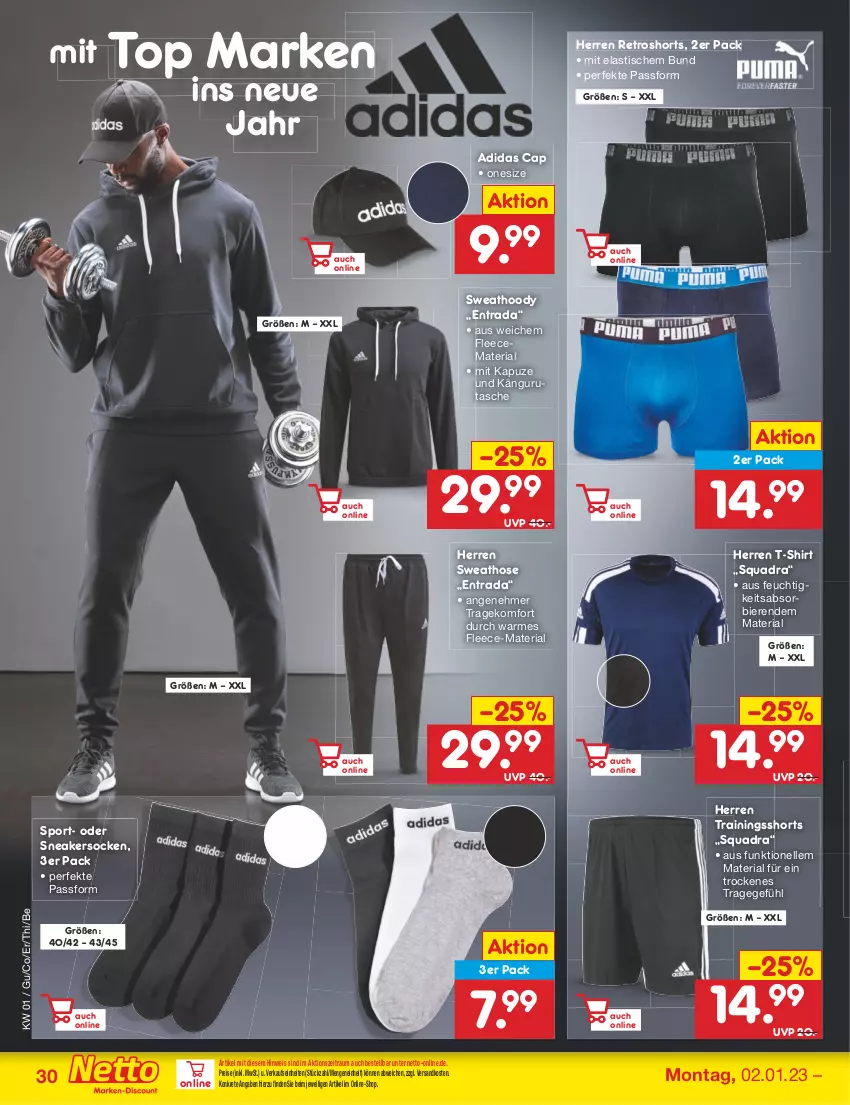 Aktueller Prospekt Netto Marken-Discount - Filial-Angebote - von 02.01 bis 07.01.2023 - strona 30 - produkty: Adidas, asti, bier, Biere, Cap, eis, elle, hose, ndk, quad, reis, retroshorts, Ria, shirt, shorts, sneaker, sneakersocken, socken, Sport, Sweathose, T-Shirt, Tasche, Ti, tisch