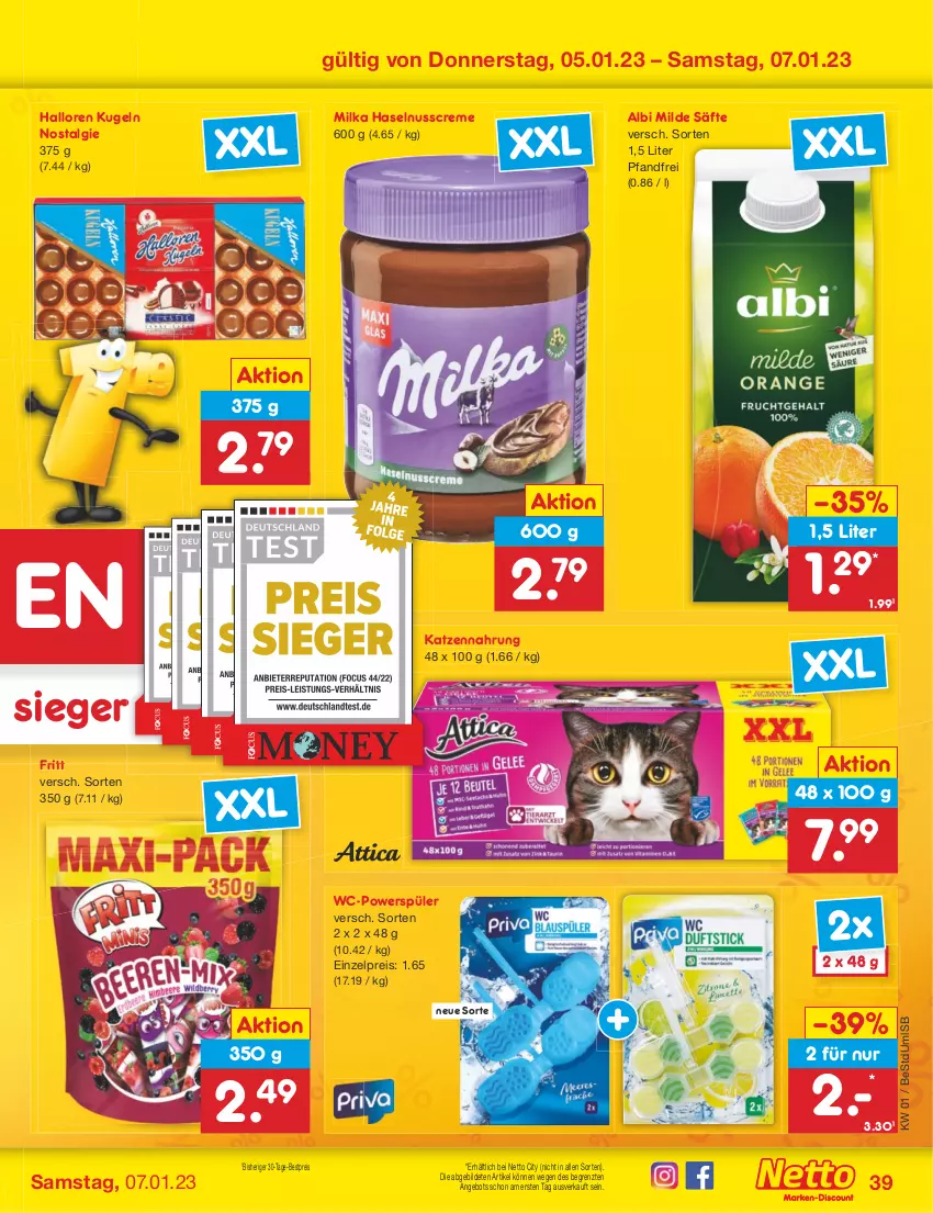 Aktueller Prospekt Netto Marken-Discount - Filial-Angebote - von 02.01 bis 07.01.2023 - strona 39 - produkty: angebot, bestpreis, creme, eis, haselnuss, Haselnusscreme, katzennahrung, Kugel, LG, milka, nuss, reis, säfte, Ti, ZTE