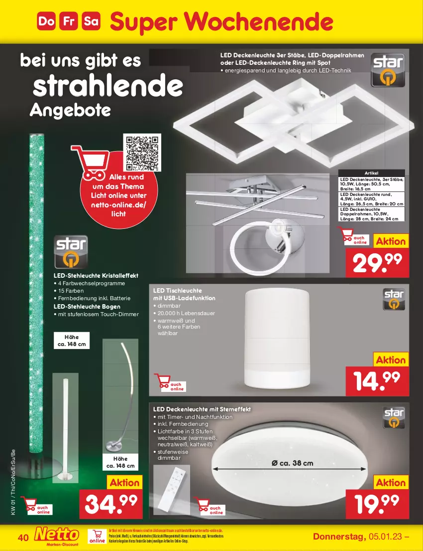 Aktueller Prospekt Netto Marken-Discount - Filial-Angebote - von 02.01 bis 07.01.2023 - strona 40 - produkty: angebot, angebote, auer, batterie, Brei, decke, deckenleuchte, dimmer, eis, fernbedienung, LED Deckenleuchte, LED Tischleuchte, led-deckenleuchte, led-stehleuchte, Leuchte, ndk, reis, ring, stehleuchte, Ti, timer, tisch, tischleuchte, usb