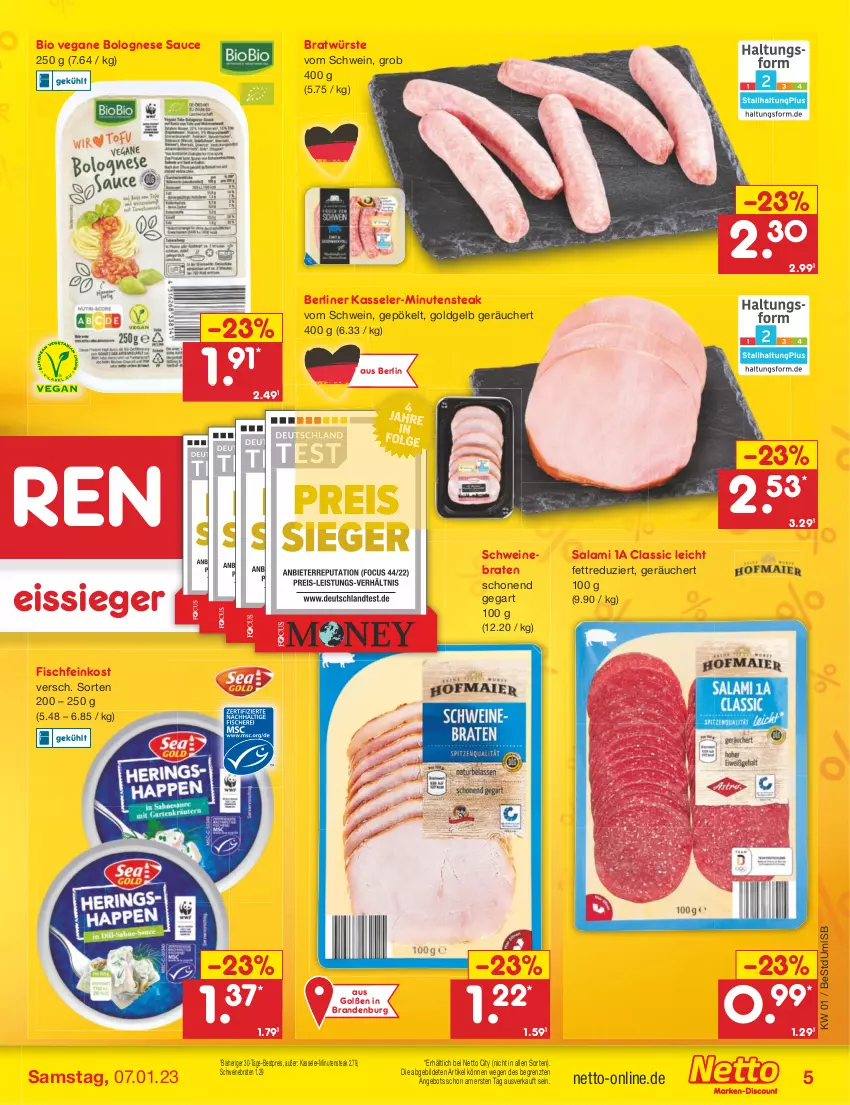 Aktueller Prospekt Netto Marken-Discount - Filial-Angebote - von 02.01 bis 07.01.2023 - strona 5 - produkty: angebot, berliner, bestpreis, bio, bolognese, braten, eis, feinkost, fisch, Fischfeinkost, kasseler, reis, salami, sauce, schwein, schweine, schweinebraten, steak, Ti, wein, weine, ZTE