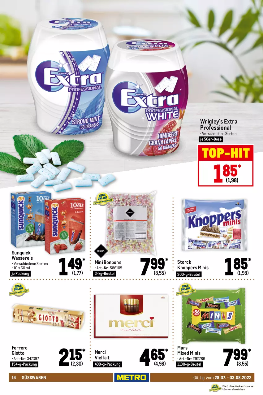 Aktueller Prospekt Metro - Food - von 28.07 bis 03.08.2022 - strona 14 - produkty: auto, beutel, bonbons, chips, crunchips, dolce gusto, eis, ferrero, getränk, getränke, giotto, kaffee, Kinder, knoppers, leibniz, LG, lorenz, lorenz crunchips, mars, merci, natur, natura, Nescafé, nuss, nutella, reis, röstkaffee, salz, storck, süsswaren, Ti, tisch, top-hit, wasser, wassereis