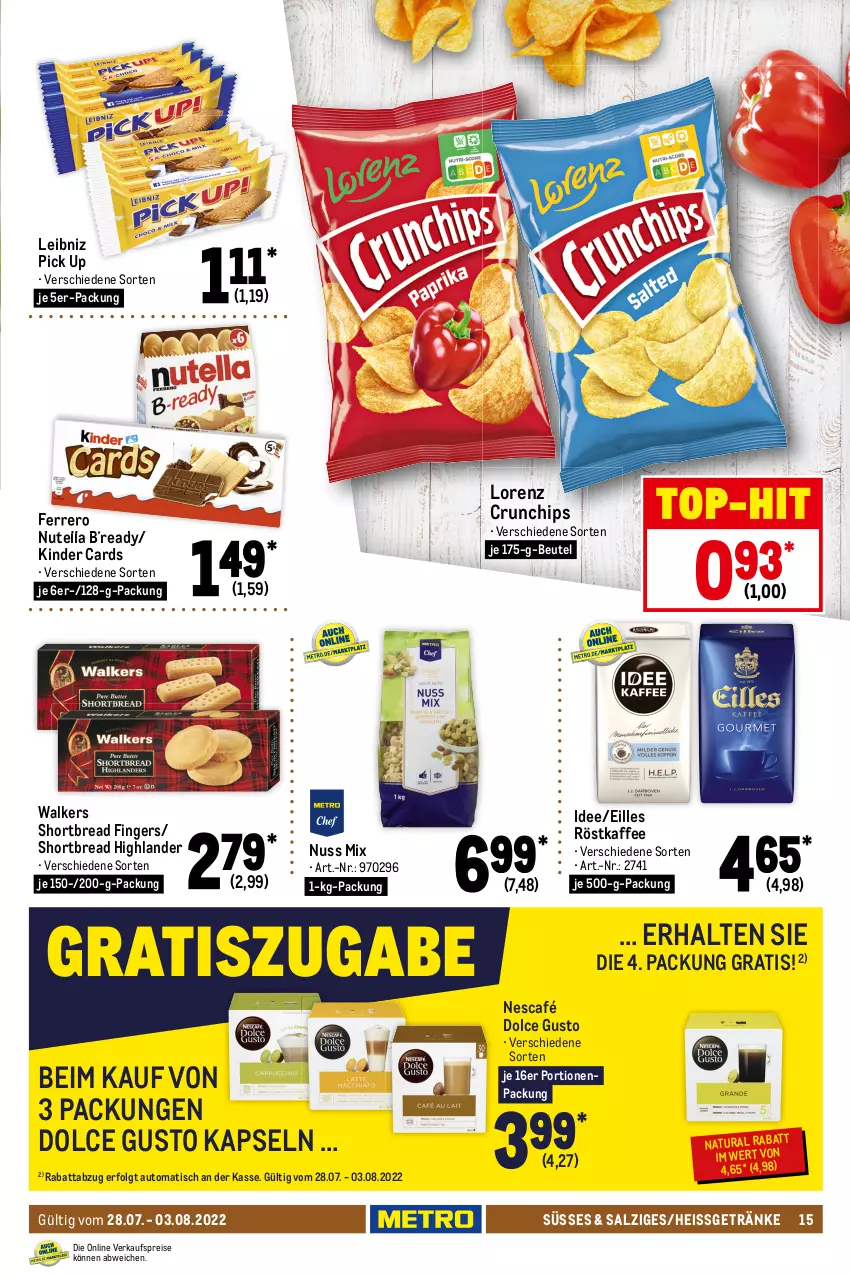 Aktueller Prospekt Metro - Food - von 28.07 bis 03.08.2022 - strona 15 - produkty: auto, beutel, bonbons, chips, crunchips, dolce gusto, eis, ferrero, getränk, getränke, giotto, kaffee, Kinder, knoppers, leibniz, LG, lorenz, lorenz crunchips, mars, merci, natur, natura, Nescafé, nuss, nutella, reis, röstkaffee, salz, storck, süsswaren, Ti, tisch, top-hit, wasser, wassereis