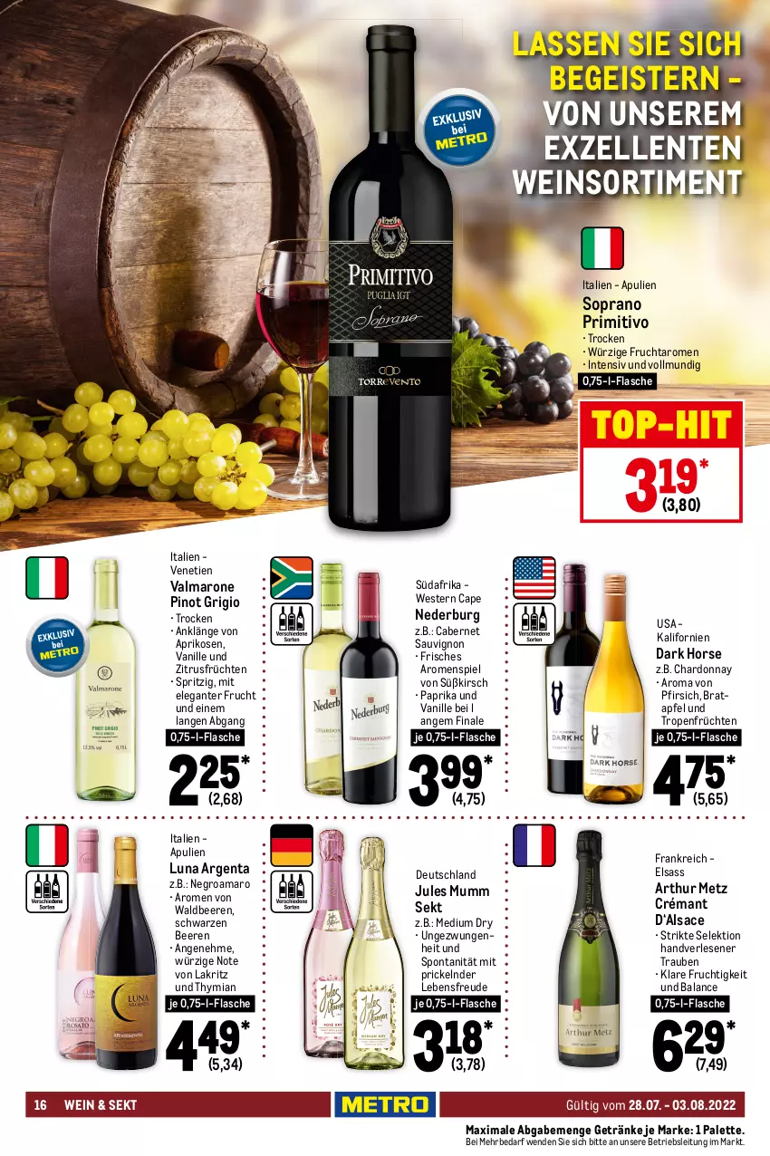 Aktueller Prospekt Metro - Food - von 28.07 bis 03.08.2022 - strona 16 - produkty: amaro, aperitivo rosato, apfel, aprikose, aprikosen, auto, beere, beeren, cabernet, cabernet sauvignon, cachaça, Cap, captain morgan, chardonnay, eis, elle, ente, flasche, frucht, früchte, früchten, getränk, getränke, grappa, jules mumm, kirsch, kokos, Lakritz, likör, limo, Malibu, mumm, nederburg, Palette, paprika, pfirsich, Pinot, pinot grigio, primitivo, puschkin vodka, rama, ramazzott, ramazzotti, reis, rosato, rum, sac, sauvignon, sekt, Sierra, sierra tequila, spirituosen, tequila, Ti, tisch, top-hit, trauben, vanille, vodka, wein, Weste, white rum, zott