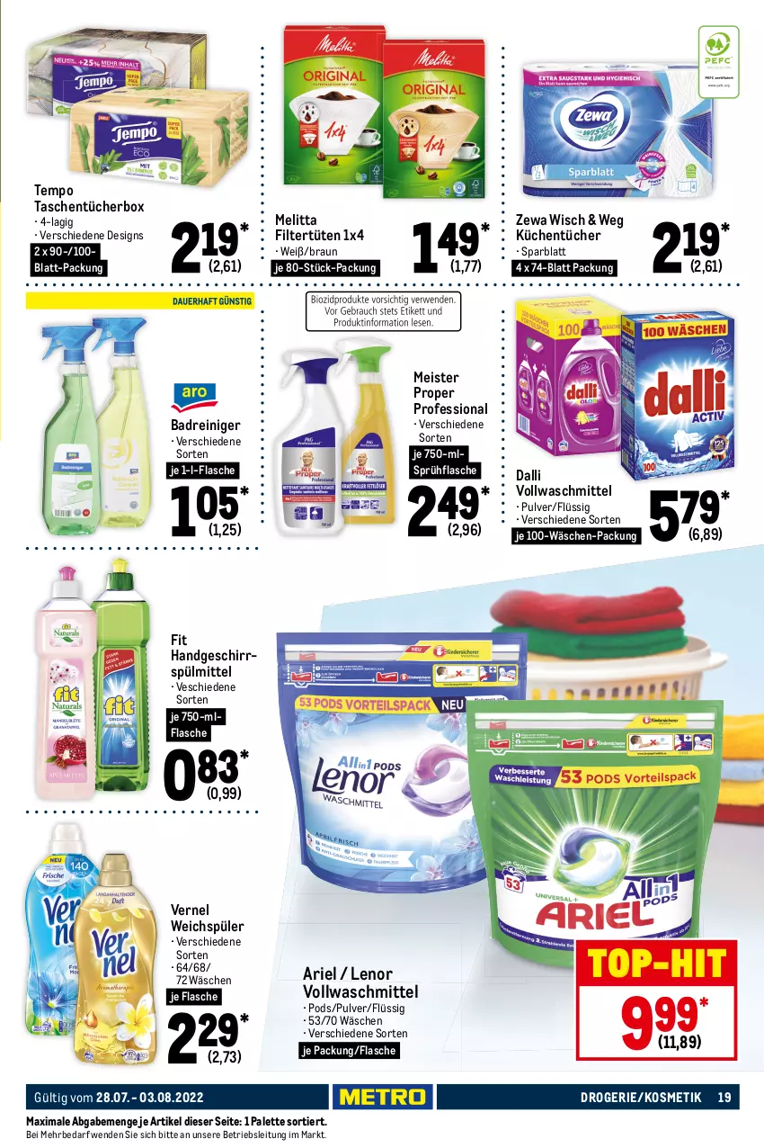 Aktueller Prospekt Metro - Food - von 28.07 bis 03.08.2022 - strona 19 - produkty: alkohol, alkoholfreie getränke, Alwa, ariel, auto, Bad, bier, braun, corona, corona extra, dalli, drink, eis, energy drink, flasche, geschirr, geschirrspülmittel, getränk, getränke, kosmetik, küche, Küchen, küchentücher, lenor, LG, Meister, meister proper, melitta, mineralwasser, natur, natura, Palette, pepsi, Pods, red bull, reiniger, schöfferhofer, sprühflasche, spülmittel, steiner, Tasche, taschen, taschentücher, Taschentücherbox, Tempo, Ti, tisch, top-hit, tücher, Tüte, vernel, vollwaschmittel, volvic, warsteiner, waschmittel, wasser, weichspüler, zewa