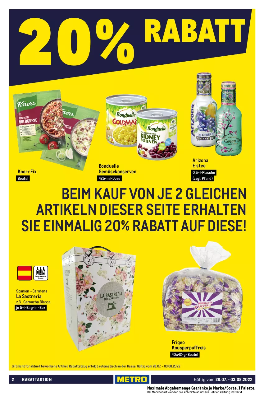 Aktueller Prospekt Metro - Food - von 28.07 bis 03.08.2022 - strona 2 - produkty: Alwa, auto, bag-in-box, beutel, bohne, bonduelle, eis, eistee, elle, flasche, Gemüsekonserve, gerolsteine, gerolsteiner, getränk, getränke, jacobs, jacobs krönung, kaffee, kaffeepads, knorr, knorr fix, Konserven, LG, mineralwasser, Palette, reis, Ria, senseo, steiner, storck, tee, Ti, tisch, wasser