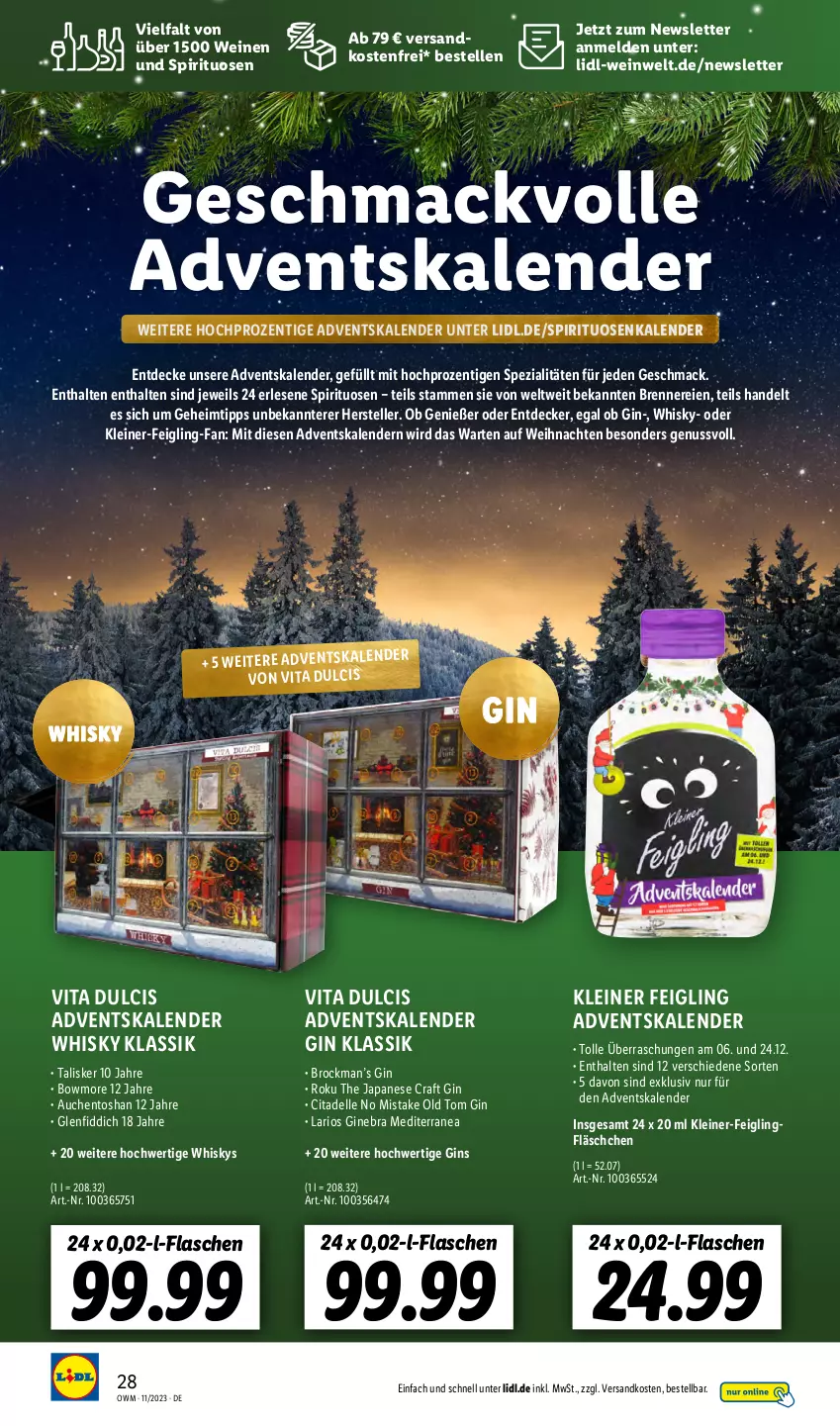 Aktueller Prospekt Lidl - Highlights in der Weinwelt - von 01.11 bis 30.11.2023 - strona 28 - produkty: Adventskalender, auf weihnachten, Bowmore, Brock, decke, dell, elle, flasche, gin, HP, kleiner feigling, leine, mac, ndk, nuss, Spezi, spirituosen, teller, Ti, versandkostenfrei, vita, weihnachten, wein, weine, whisky