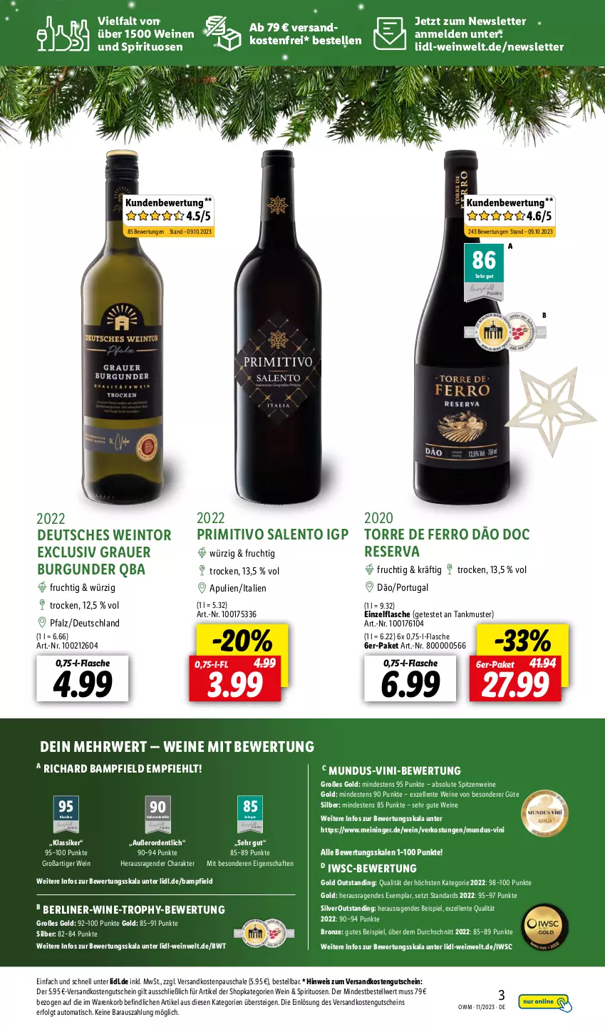 Aktueller Prospekt Lidl - Highlights in der Weinwelt - von 01.11 bis 30.11.2023 - strona 3 - produkty: auer, auto, berliner, burgunder, eis, elle, ente, flasche, frucht, grauer burgunder, gutschein, korb, LG, ndk, primitivo, rwe, Schal, Schale, spirituosen, Ti, tisch, versandkostenfrei, wein, weine