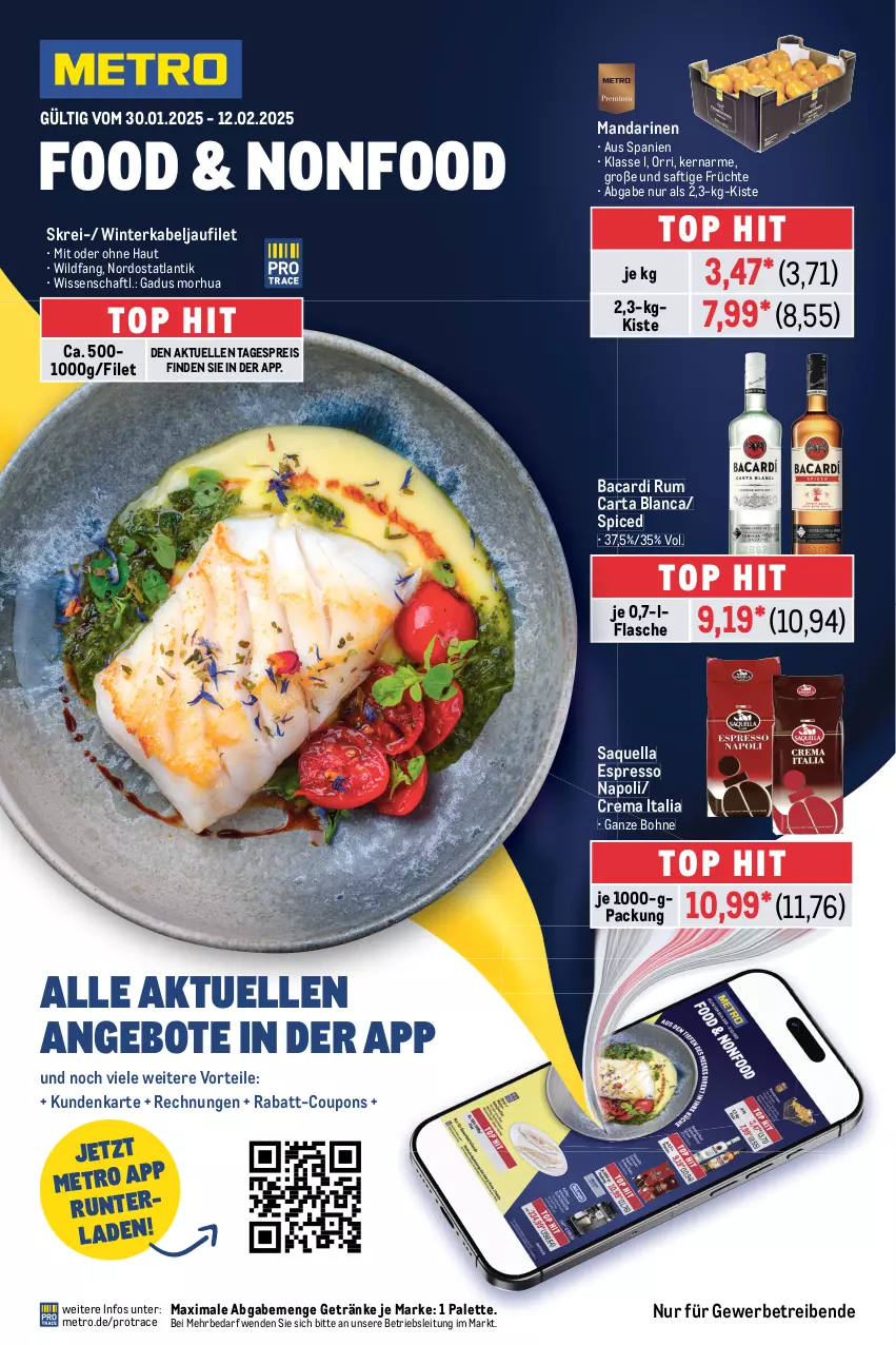 Aktueller Prospekt Metro - Food-Nonfood - von 30.01 bis 12.02.2025 - strona 1 - produkty: angebot, angebote, bacardi, bacardi rum, bohne, coupon, coupons, eis, elle, espresso, filet, flasche, früchte, getränk, getränke, kabeljaufilet, mandarine, mandarinen, Metro, Palette, rabatt-coupon, reis, rum, saft, teller, Ti, Wild