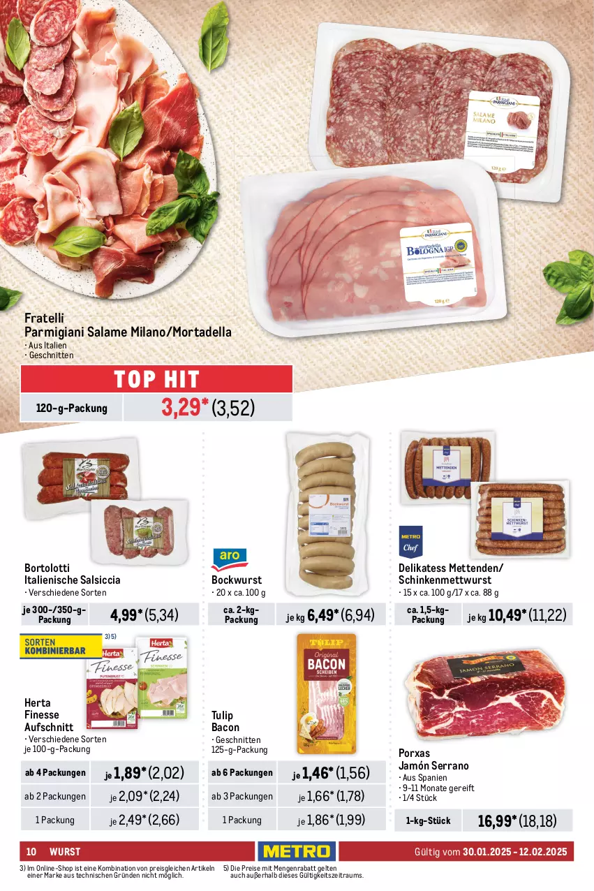 Aktueller Prospekt Metro - Food-Nonfood - von 30.01 bis 12.02.2025 - strona 10 - produkty: albray, arla, aufschnitt, bacon, beutel, bockwurst, chaumes, comté, coupon, dell, eis, finello, finesse, flakes, herta, herta finesse, jamón serrano, Käse, käsescheiben, leerdammer, LG, mac, Mett, metten, Mettenden, mettwurst, milch, mortadella, mozzarella, nuss, parmigiano, parmigiano reggiano, reggiano, Reibekäse, reis, rel, salsiccia, schafskäse, Schal, Schale, schinken, schnitten, schnittkäse, schnittkäsescheiben, serrano, St. Albray, Ti, tisch, tulip, wurst