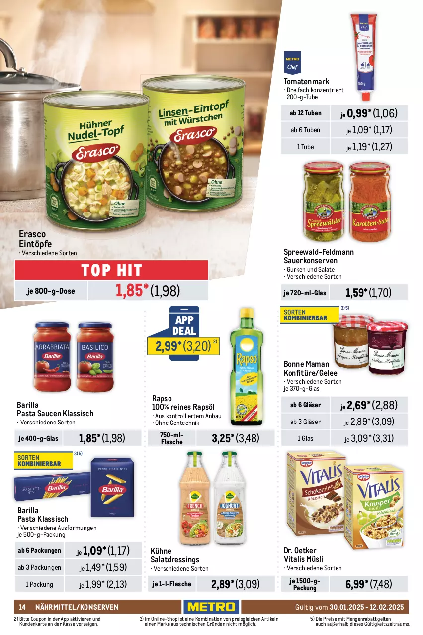 Aktueller Prospekt Metro - Food-Nonfood - von 30.01 bis 12.02.2025 - strona 14 - produkty: auer, barilla, Bau, beutel, bio, bohne, bonne maman, coupon, dallmayr, dallmayr prodomo, dolce gusto, Dr. Oetker, dressing, eintöpfe, eis, ente, erasco, espresso, flasche, früchte, Früchtetee, gelee, getränk, getränke, Gläser, gurke, gurken, intermezzo, jacobs, konfitüre, Konserven, Kühne, lavazza, mam, müsli, Nescafé, nespresso, pasta, Pasta Sauce, prodomo, rapso, rapsöl, reines rapsöl, reis, salat, salatdressing, salate, sauce, saucen, Segafredo, spreewald-feldmann, tee, teekanne, Ti, tomate, tomaten, tomatenmark, trolli, vita, vitalis, vitalis müsli