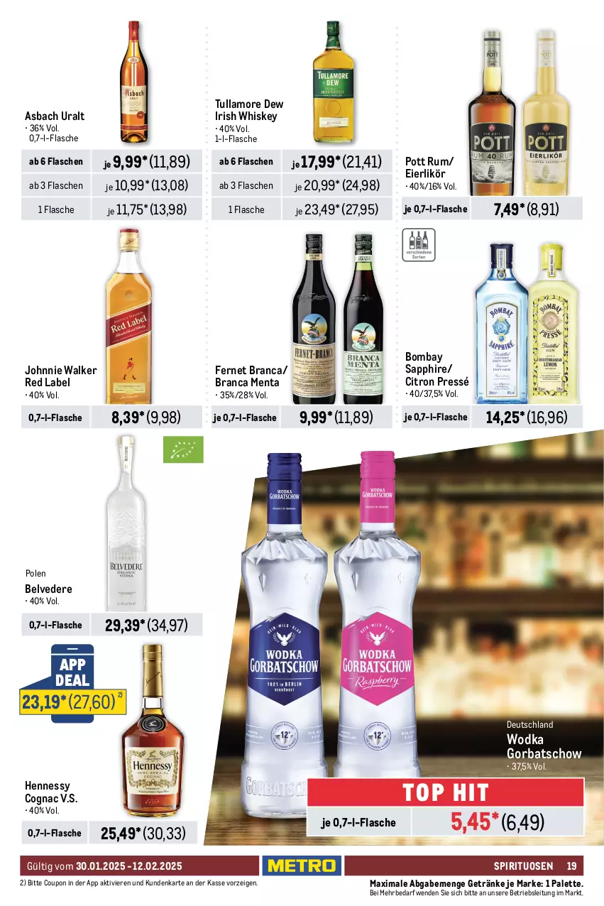 Aktueller Prospekt Metro - Food-Nonfood - von 30.01 bis 12.02.2025 - strona 19 - produkty: ananas, apfel, asbach uralt, asti, auer, Bad, beere, beeren, Blüte, bombay sapphire, brie, brombeere, brombeeren, brut, brut dargent, burgunder, champagne, chardonnay, Cognac, coupon, de blancs, doppio passo, ecco, eier, eierlikör, elle, fanta, Fernet, fernet branca, flasche, frucht, früchte, früchten, getränk, getränke, Gorbatschow, grauer burgunder, irish whiskey, johnnie walker, likör, mac, Nuance, orange, orangen, Palette, passo, pfirsich, pflaume, pflaumen, primitivo, prosecco, puma, riesling, rum, sapphire, Schal, Schale, sekt, spirituosen, spumante, Ti, tisch, tullamore, tullamore dew, valdo, vanille, wein, whiskey, wodka, zitrone, zitronen