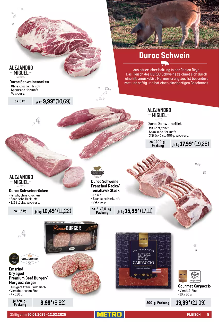 Aktueller Prospekt Metro - Food-Nonfood - von 30.01 bis 12.02.2025 - strona 5 - produkty: ACC, axe, beef, burger, Carpaccio, eis, elle, filet, fleisch, Haxe, lamm, Metro, reis, rind, rinder, rinderfilet, rindfleisch, rum, rumpsteak, Schal, Schale, schwein, schweine, schweinefilet, schweinenacken, schweinerücken, steak, steakhüfte, steaks, tafelspitz, Ti, wein, weine