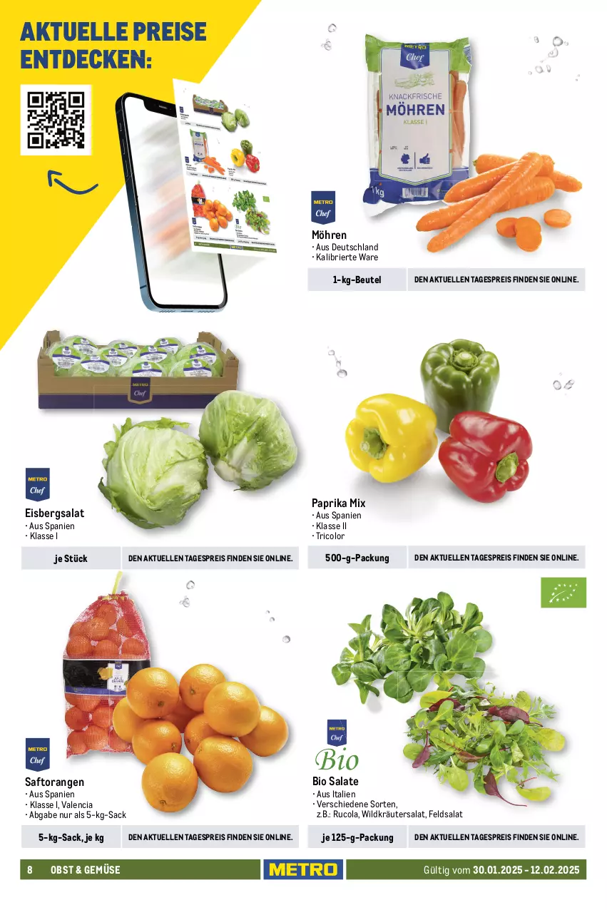 Aktueller Prospekt Metro - Food-Nonfood - von 30.01 bis 12.02.2025 - strona 8 - produkty: avocado, avocados, beutel, bio, Brei, brie, cola, decke, dip, eis, eisbergsalat, elle, feldsalat, fleisch, frucht, früchte, fruchtfleisch, guacamole, kräuter, möhren, obst, orange, orangen, Palette, paprika, paprika mix, reis, rucola, rwe, sac, saft, Saftorangen, salat, salate, schnitten, smoothie, smoothies, Ti, tisch, Wild, würfel