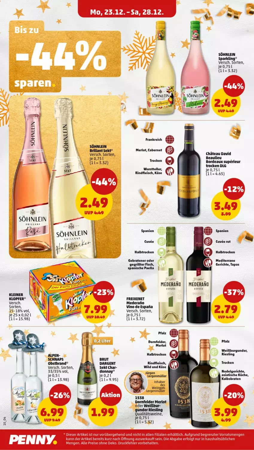 Aktueller Prospekt Penny - Prospekte - von 23.12 bis 28.12.2024 - strona 10 - produkty: braten, brillant sekt, brut, burgunder, cabernet, eis, elle, fisch, fleisch, freixenet, grill, Käse, kleiner klopfer, küche, leine, LG, merl, merlot, Müller, nudel, Nudelgericht, obst, Obstbrand, paella, reis, riesling, rind, rindfleisch, sekt, söhnlein, Tapas, teller, Ti, tisch, Weißburgunder, Wild, wurst, ZTE