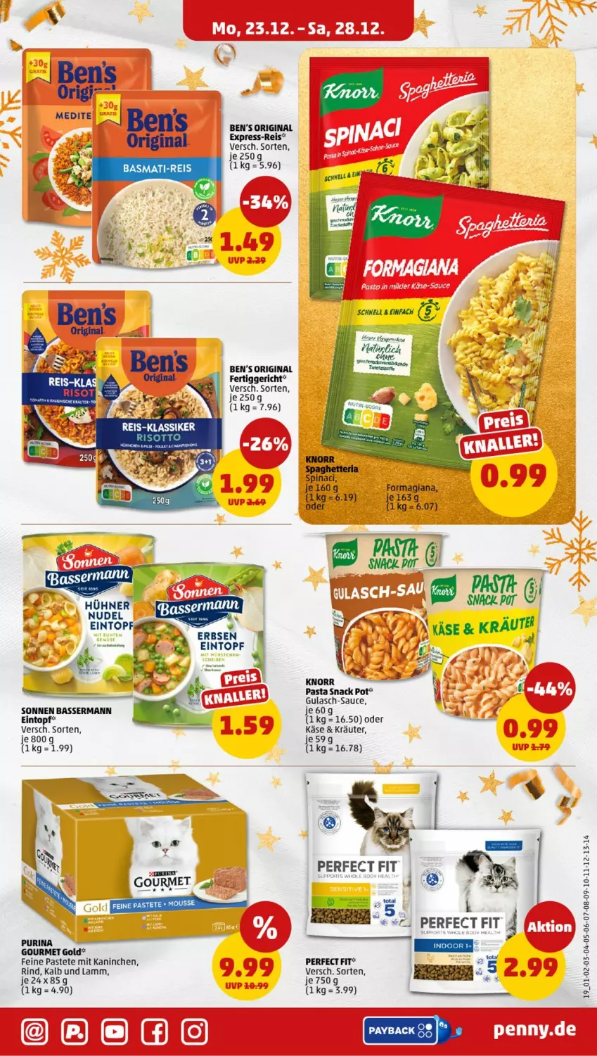 Aktueller Prospekt Penny - Prospekte - von 23.12 bis 28.12.2024 - strona 19 - produkty: Ben’s Original, eintopf, eis, express-reis, fertiggericht, gin, gourmet gold, gulasch, Käse, knorr, kräuter, lamm, pasta, pasta snack, pastete, payback, Perfect Fit, purina, reis, rind, sauce, snack, Ti, topf, Yo