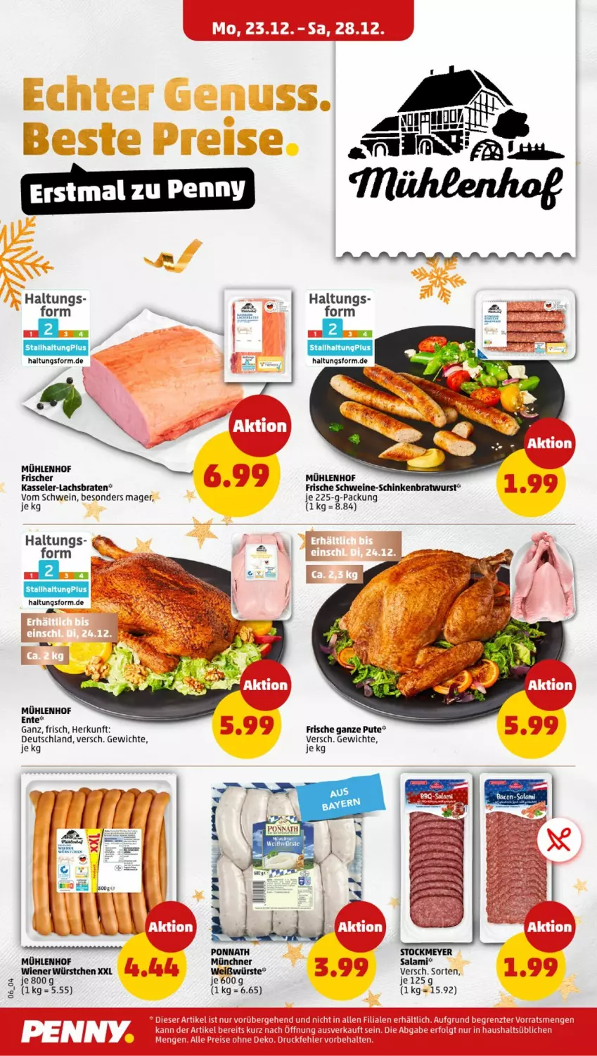 Aktueller Prospekt Penny - Prospekte - von 23.12 bis 28.12.2024 - strona 6 - produkty: bacon, braten, bratwurst, ente, kasseler, lachs, Lachsbraten, ponnath, pute, salami, schinken, schwein, schweine, stockmeyer, wein, weine, wiener, wiener würstchen, wurst, würstchen