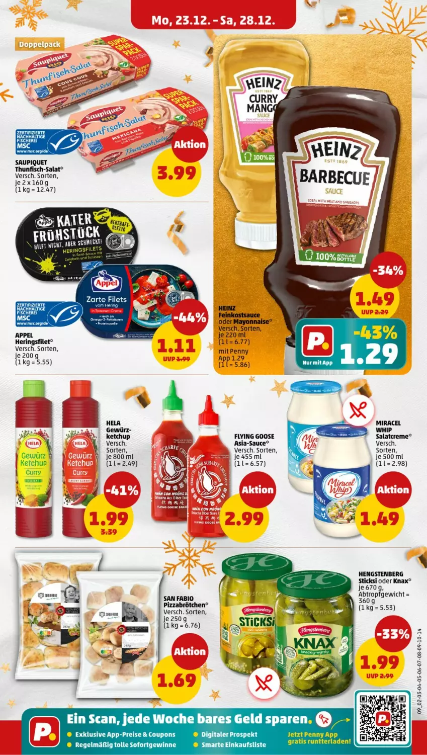 Aktueller Prospekt Penny - Prospekte - von 23.12 bis 28.12.2024 - strona 9 - produkty: bio, brötchen, coupon, coupons, creme, eis, feinkost, filet, fisch, fische, Fischer, gewürz, heinz, Hela, hengstenberg, hering, Herings, ketchup, mayonnaise, miracel, miracel whip, pizza, reis, ring, salat, salatcreme, sauce, saupiquet, Schere, thunfisch, Ti, Yo