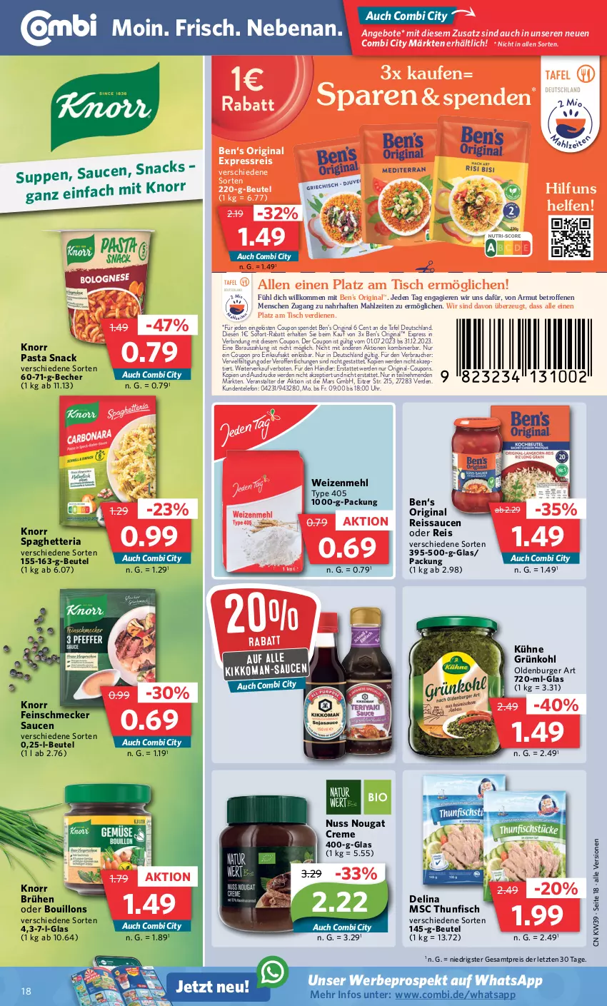 Aktueller Prospekt Combi - Prospekte - von 25.09 bis 30.09.2023 - strona 19 - produkty: angebot, angebote, Becher, Ben’s Original, beutel, Brühe, burger, coupon, coupons, creme, eis, ente, erde, feinschmecker, fisch, gin, kikkoman, knorr, knorr pasta, Kühne, mars, mehl, nougat creme, nuss, pasta, pasta snack, Rauch, reis, reiss, Ria, sauce, saucen, snack, snacks, sofort-rabatt, suppe, suppen, telefon, thunfisch, Ti, tisch, type 405, uhr, weizenmehl, ZTE