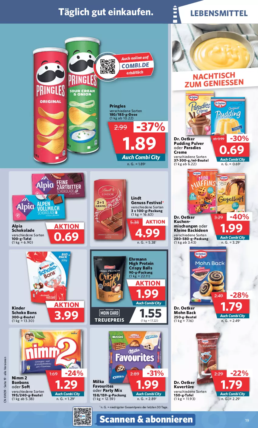 Aktueller Prospekt Combi - Prospekte - von 25.09 bis 30.09.2023 - strona 20 - produkty: alpia, ball, beutel, bonbons, creme, Dr. Oetker, ehrmann, eis, Kinder, kuchen, lebensmittel, leine, lindt, milka, Nimm 2, nuss, Paradies Creme, pringles, pudding, reis, ring, schoko, schokolade, Ti, tisch, ZTE