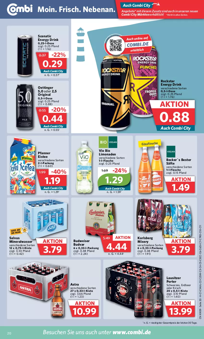 Aktueller Prospekt Combi - Prospekte - von 25.09 bis 30.09.2023 - strona 21 - produkty: Alwa, angebot, angebote, Astra, bio, bio limo, budweiser, drink, eis, eistee, energy drink, flasche, gin, glasflasche, karlsberg, karlsberg mixery, kirsch, limo, limonade, limonaden, mineralwasser, Mixer, mixery, oettinger, pfanne, Pfanner, reis, Rockstar, säfte, tee, Ti, vio bio limo, wasser, ZTE