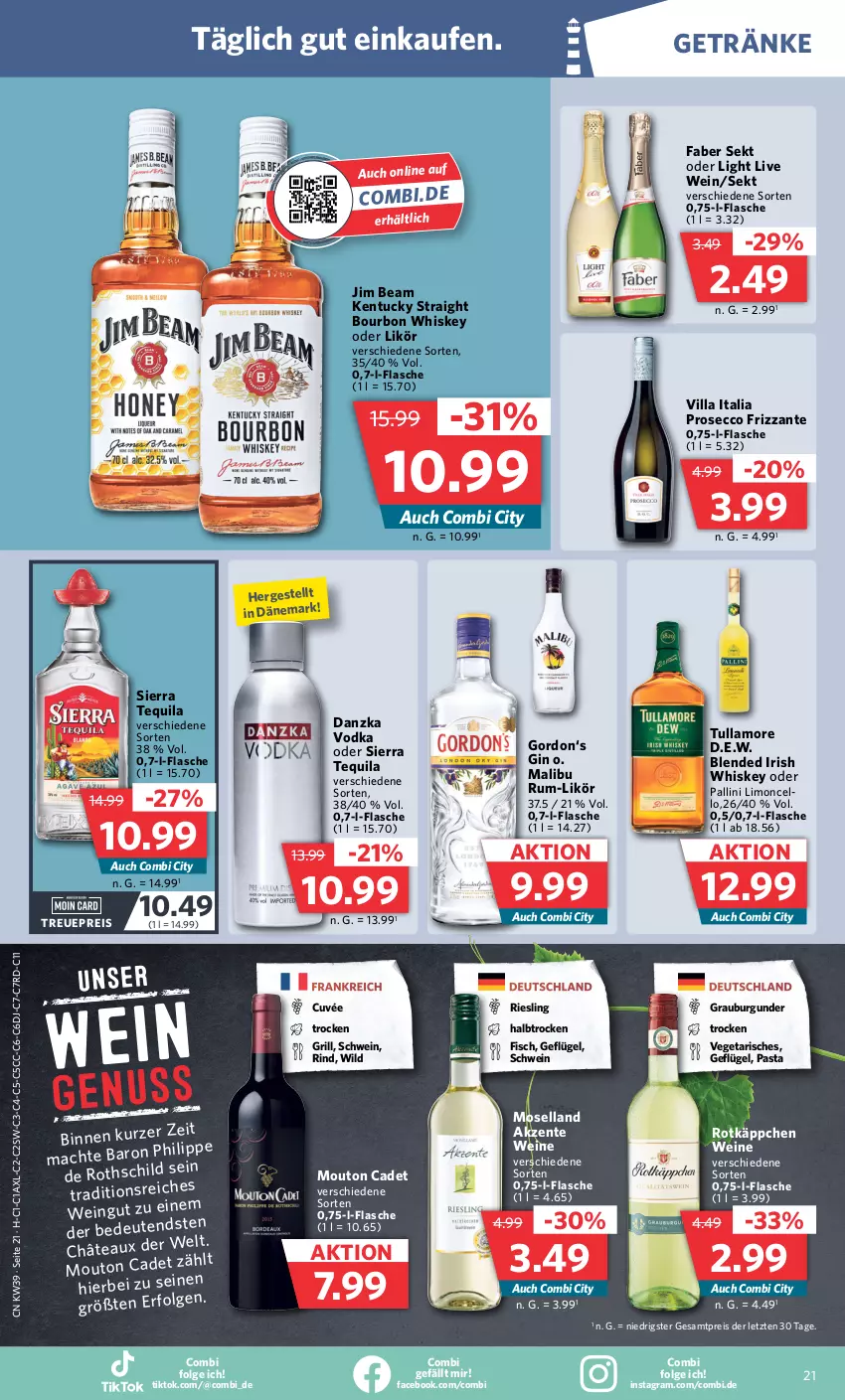 Aktueller Prospekt Combi - Prospekte - von 25.09 bis 30.09.2023 - strona 23 - produkty: bourbon, bourbon whiskey, burgunder, cuvée, ecco, eis, ente, fisch, flasche, frizzante, Geflügel, getränk, getränke, gin, gordon, grauburgunder, grill, irish whiskey, jim beam, kentucky straight, LG, likör, limo, mac, Malibu, moselland, pasta, prosecco, reis, riesling, rind, rotkäppchen, rum, schwein, sekt, Sierra, sierra tequila, tequila, Ti, tuc, tullamore, Vegeta, vodka, wein, weine, whiskey, Wild, ZTE