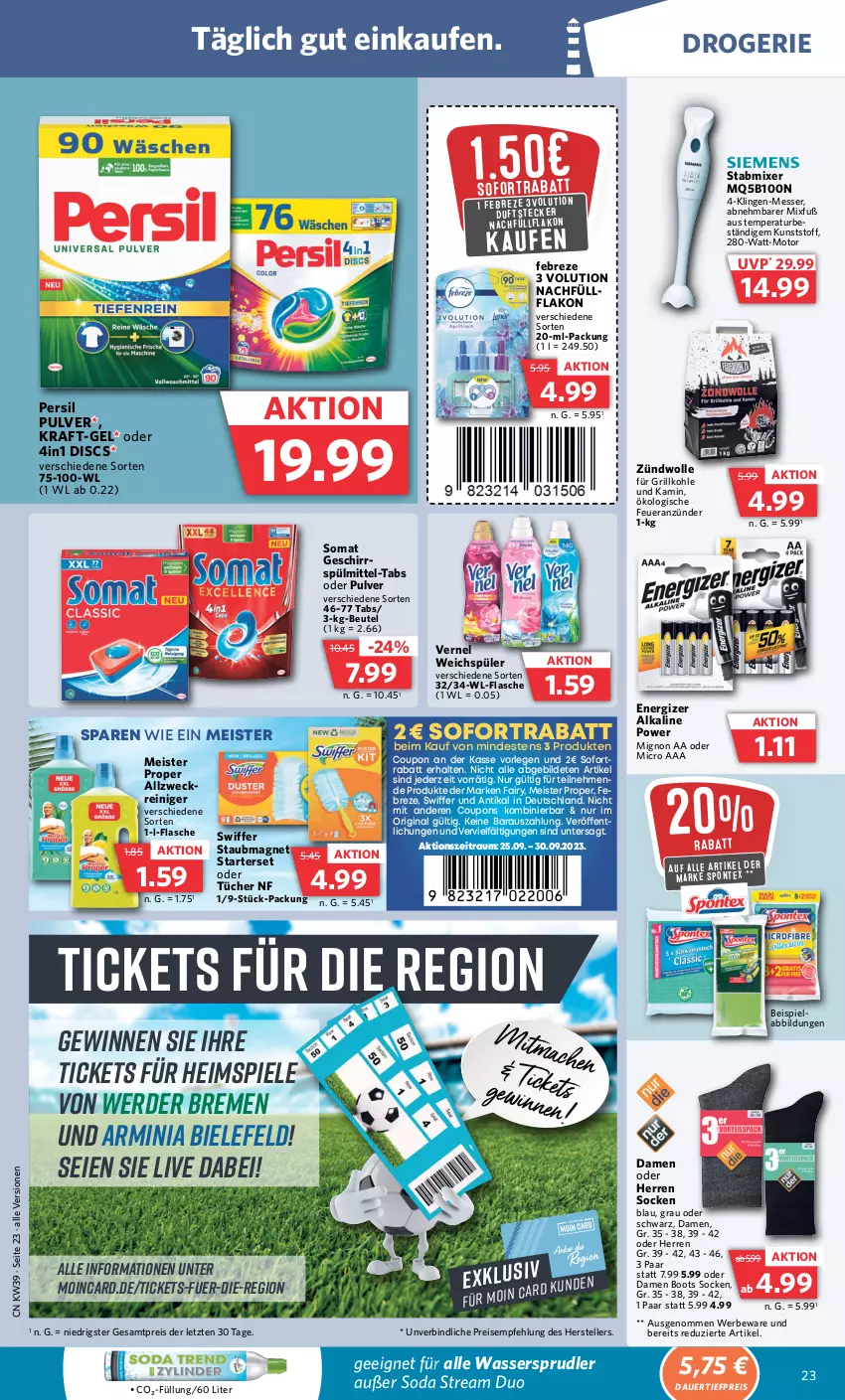 Aktueller Prospekt Combi - Prospekte - von 25.09 bis 30.09.2023 - strona 25 - produkty: anzünder, auer, beutel, coupon, coupons, dauertiefpreis, eis, elle, energizer, erde, fairy, febreze, Feueranzünder, flasche, geschirr, gin, grill, Grillkohle, Kamin, kraft, lebensmittel, Meister, meister proper, messer, Mixer, persil, reiniger, reis, socken, Soda, sofortrabatt, somat, Spiele, spontex, spülmittel, stabmixer, staubmagnet, swiffer, teller, Ti, tiefpreis, tücher, vernel, wasser, wassersprudler, weck, weichspüler, wolle, ZTE