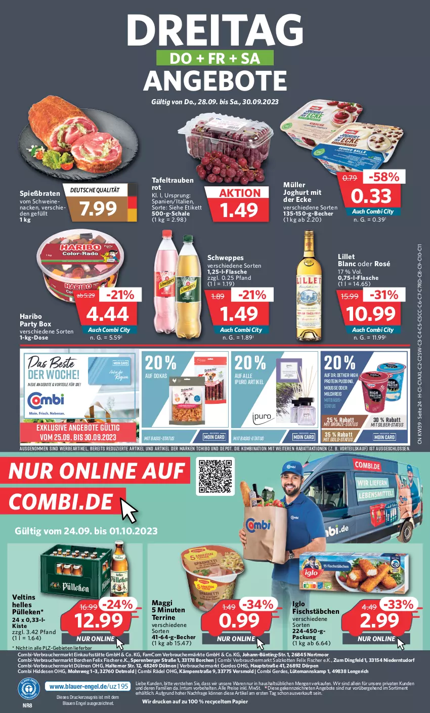 Aktueller Prospekt Combi - Prospekte - von 25.09 bis 30.09.2023 - strona 26 - produkty: angebot, angebote, auer, Becher, Berger, braten, Dr. Oetker, drucker, eis, elle, Engel, erde, felix, fisch, fische, Fischer, fischstäbchen, flasche, haribo, iglo, Ipuro, joghur, joghurt, joghurt mit der ecke, kerze, lillet, maggi, milch, milchreis, mousse, Müller, papier, pudding, Rauch, reis, salz, Schal, Schale, schwein, schweine, schweppes, tafeltrauben, Tchibo, terrine, Ti, trauben, veltins, wein, weine