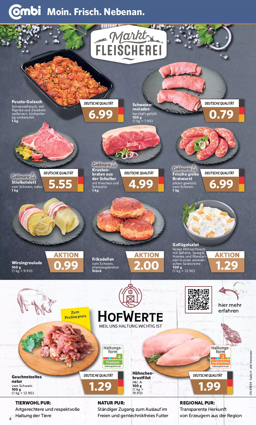 Aktueller Prospekt Combi - Prospekte - von 25.09 bis 30.09.2023 - strona 4 - produkty: ananas, bier, braten, bratwurst, brustfilet, creme, dell, eis, elle, ente, filet, fleisch, frikadellen, Geflügel, geflügelsalat, gewürz, grobe bratwurst, gulasch, hähnchenbrust, hähnchenbrustfilet, hühner, kotelett, küche, Küchen, mandarine, mandarinen, mit paprika, natur, nerf, paprika, pfanne, pfannen, reis, rouladen, salat, salatcreme, schwein, schweine, schweinefleisch, spargel, Ti, Tiere, tisch, wein, weine, Wirsing, wurst, Zelt, zwiebel, zwiebeln