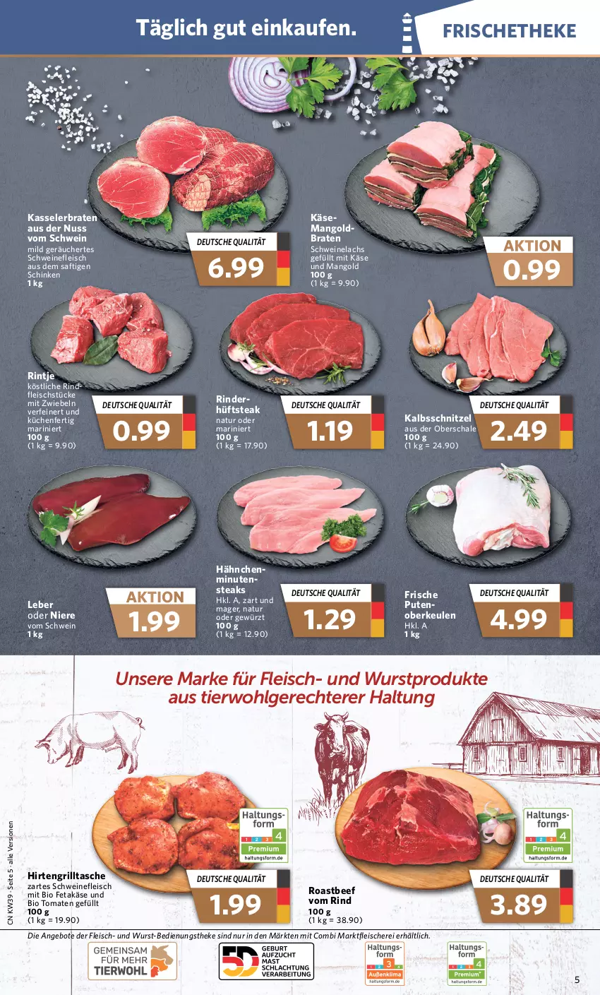 Aktueller Prospekt Combi - Prospekte - von 25.09 bis 30.09.2023 - strona 5 - produkty: angebot, angebote, beef, bio, braten, eis, feta, fleisch, Fleischerei, gewürz, grill, hüftsteak, kalbsschnitzel, Käse, kasseler, Kasselerbraten, küche, Küchen, lachs, LG, mango, mit zwiebeln, natur, nuss, pute, rind, rinder, rindfleisch, roastbeef, saft, Schal, Schale, Schere, schinken, schnitzel, schwein, schweine, schweinefleisch, Schweinelachs, steak, steaks, Tasche, Ti, tomate, tomaten, wein, weine, wurst, zwiebel, zwiebeln