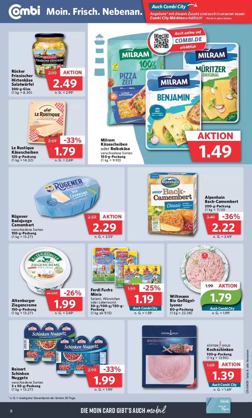 Aktueller Prospekt Combi - Prospekte - von 25.09 bis 30.09.2023 - strona 8 - produkty: Alpenhain, altenburger, angebot, angebote, Bad, bio, burger, camembert, creme, eis, ferdi fuchs, friesischer hirtenkäse, Geflügel, hirtenkäse, Käse, käsescheiben, kochschinken, Le Rustique, leberwurst, lyoner, milram, Reibekäse, reinert, reis, Rügener, rügener badejunge, salami, salat, Salatwürfel, schinken, Ti, wiltmann, würfel, wurst, würstchen, Yo, ZTE