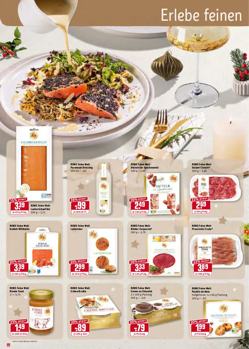 Aktueller Prospekt Rewe - REWE Ihr Kaufpark - von 20.12 bis 24.12.2021 - strona 16 - produkty: ACC, Carpaccio, cola, creme, Datteln, dressing, filet, lachs, Mantel, prosciutto, prosciutto crudo, rewe feine welt, rind, rinder, salami, Speck, Ti, Wild, wildlachs