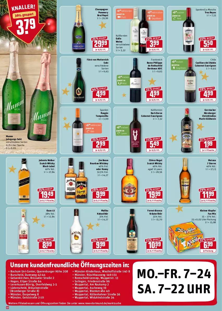 Aktueller Prospekt Rewe - REWE Ihr Kaufpark - von 20.12 bis 24.12.2021 - strona 18 - produkty: Berger, black label, bourbon, bourbon whiskey, brut, burger, cabernet, cabernet sauvignon, champagne, champagner, eis, ente, Fernet, fisch, flasche, fürst von metternich, gallo, Glühwein, grill, jim beam, johnnie walker, Kinder, Kindle, kleiner klopfer, kokos, kräuter, kräuterlikör, lack, lamm, leine, likör, Malibu, Metaxa, Mett, metternich, mumm, nürnberger, ouzo, ouzo 12, regal, rind, sauvignon, scotch, scotch whisky, sekt, tempranillo, uhr, wein, weine, whiskey, whisky, Wild