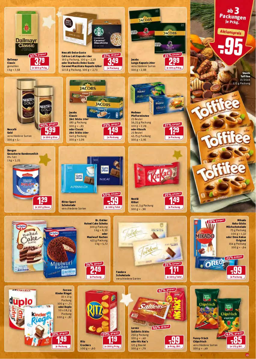 Aktueller Prospekt Rewe - REWE Ihr Kaufpark - von 20.12 bis 24.12.2021 - strona 23 - produkty: ACC, beutel, café au lait, caramel, chia, chips, chipsfrisch, cracker, dallmayr, dolce gusto, dovgan, Dr. Oetker, duplo, ferrero, funny-frisch, gin, jacobs, keks, kekse, Kinder, kinder riegel, kitkat, kondensmilch, kuchen, lorenz, lungo, mac, macchiato, Meßmer, mikado, milch, Nescafé, nescafé gold, nestlé, oreo, pfeffer, riegel, ritter, ritter sport, saltletts, schoko, schokolade, Sport, starbucks, storck, tee, Ti, toffifee, ZTE, zucker