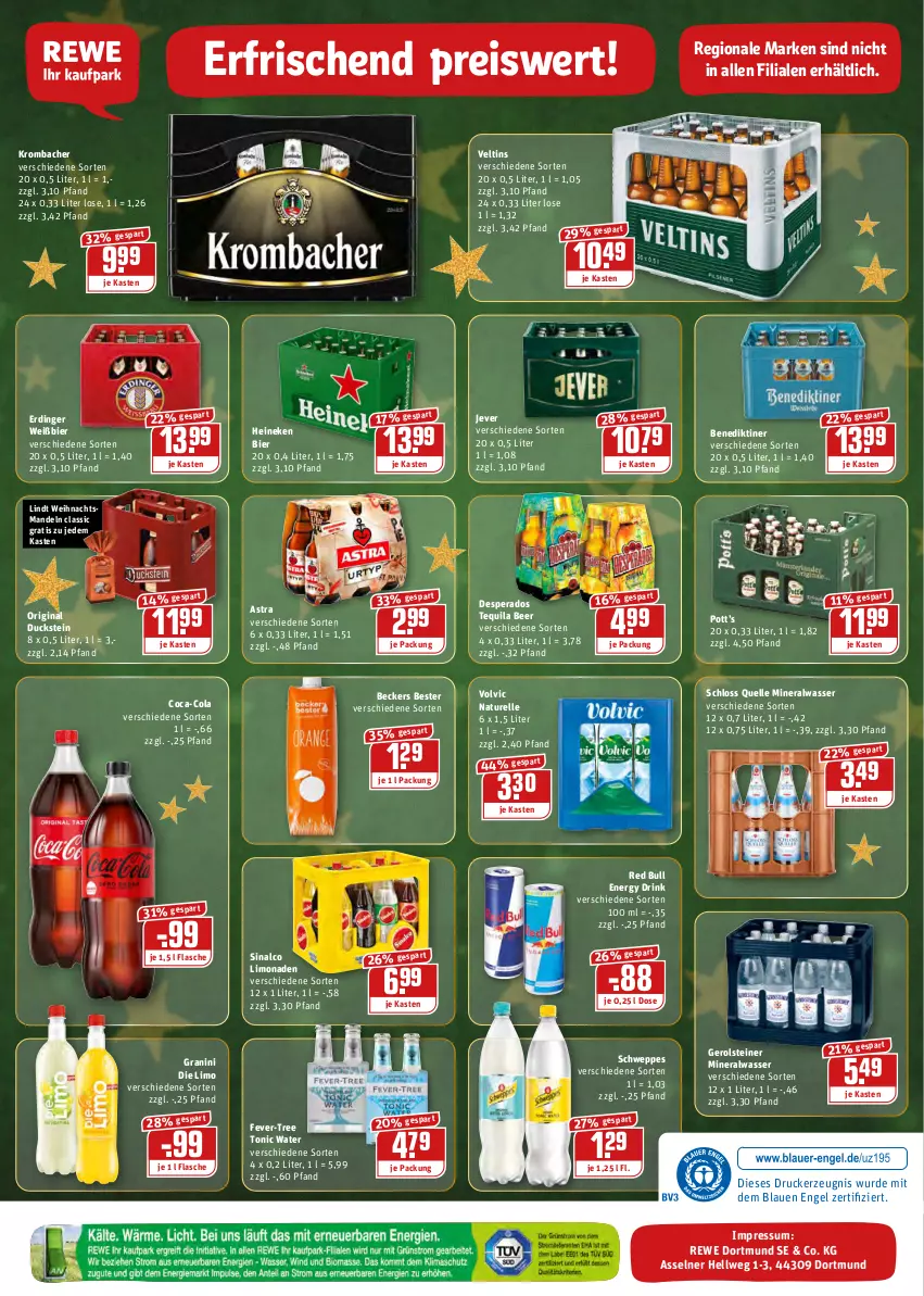 Aktueller Prospekt Rewe - REWE Ihr Kaufpark - von 20.12 bis 24.12.2021 - strona 24 - produkty: Alwa, Astra, Beckers Bester, Benediktiner, bier, coca-cola, cola, desperados, drink, drucker, Duck, eis, elle, energy drink, Engel, erdinger, fever-tree, flasche, gerolsteine, gerolsteiner, gin, granini, granini die limo, heineken, jever, kerze, krombache, krombacher, limo, limonade, limonaden, lindt, mandel, mandeln, mineralwasser, natur, red bull, reis, rel, schweppes, sinalco, steiner, tequila, Ti, tonic, tonic water, veltins, volvic, wasser