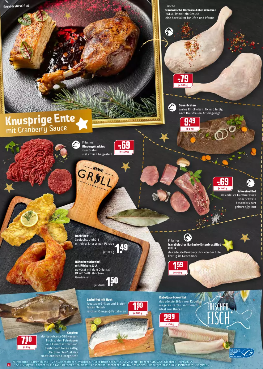 Aktueller Prospekt Rewe - REWE Ihr Kaufpark - von 20.12 bis 24.12.2021 - strona 4 - produkty: auer, backfisch, braten, brustfilet, burger, cranberry, decke, eier, eis, ente, Entenbrust, Entenschenkel, erde, filet, fisch, fleisch, gewürz, gewürzsalz, gin, grill, grillhähnchen, hähnchenschenkel, henkel, ideal zum braten, ideal zum grillen, lachs, lachsfilet, mac, nuss, Ofen, omega, Omega-3, pfanne, rind, rinder, rindfleisch, saft, salz, schenkel, schwein, schweine, schweinefilet, Spezi, Ti, und pfanne, Wanne, wasser, wein, weine