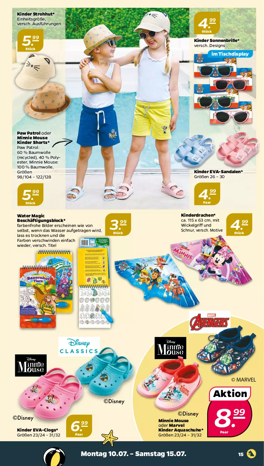 Aktueller Prospekt Netto - Woche 28 - von 10.07 bis 15.07.2023 - strona 15 - produkty: aqua, Bau, baumwolle, Brille, Clogs, Kinder, LG, Paw Patrol, sandale, sandalen, schuhe, shorts, sonnenbrille, Strohhut, Ti, tisch, wasser, WICK, wolle