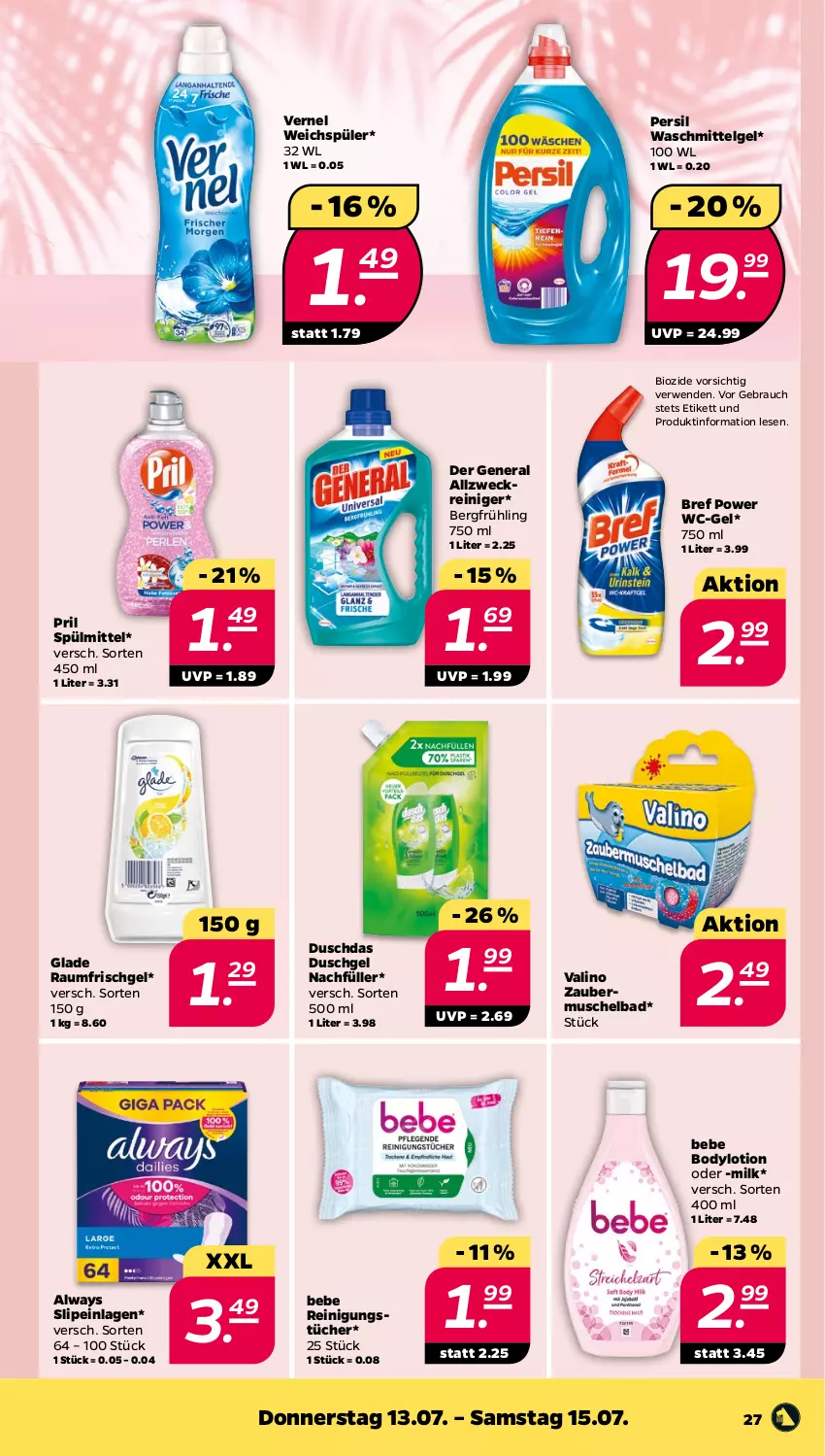 Aktueller Prospekt Netto - Woche 28 - von 10.07 bis 15.07.2023 - strona 27 - produkty: allzweckreiniger, Alwa, Always, Bad, Bebe, bio, body, bodylotion, Bref, bref power, duschdas, duschgel, Glade, LG, Lotion, persil, persil waschmittel, pril, Rauch, reiniger, Reinigung, reinigungstücher, rwe, slip, slipeinlagen, spülmittel, Ti, tücher, vernel, waschmittel, wc-gel, weck, weichspüler