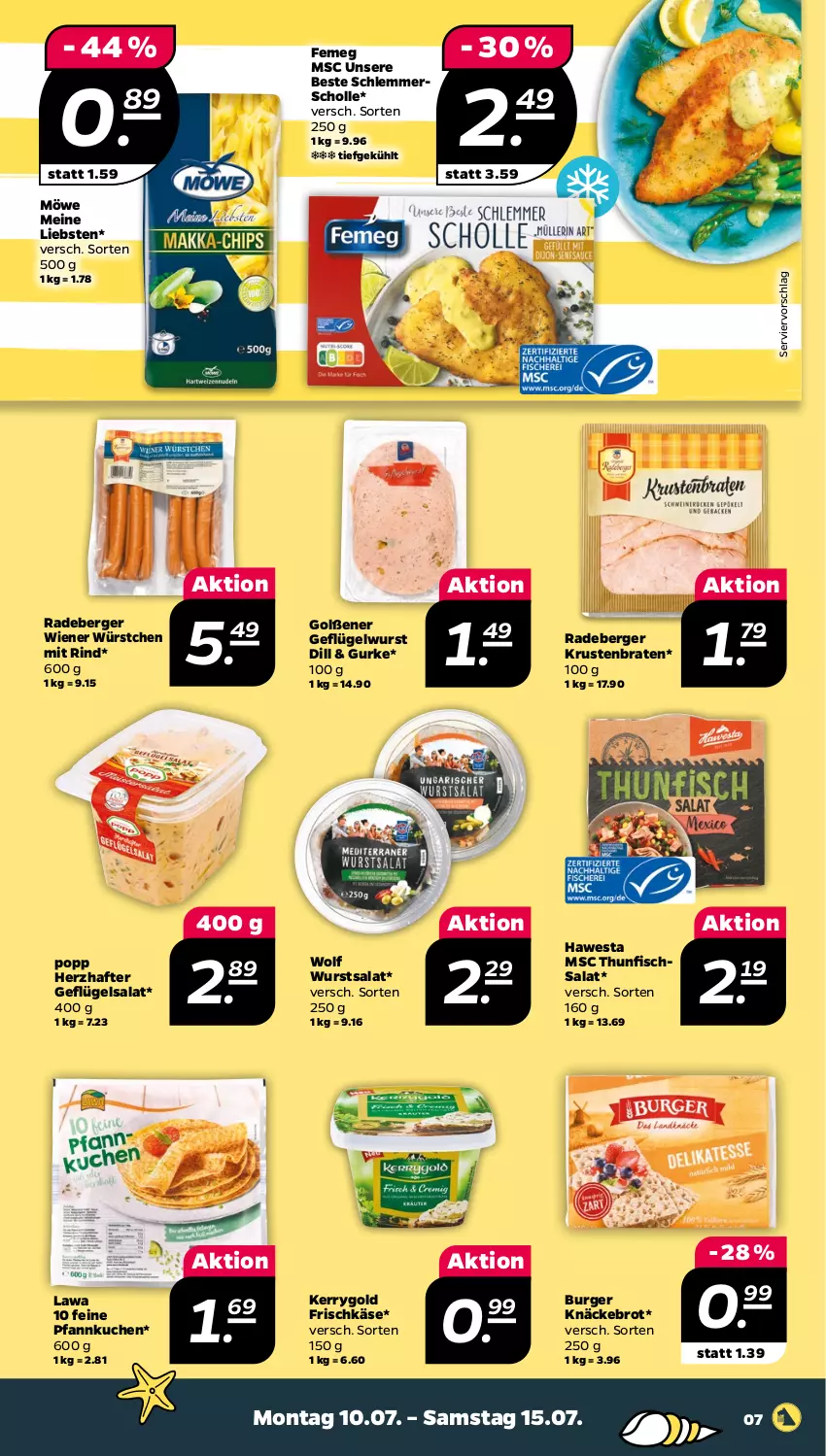 Aktueller Prospekt Netto - Woche 28 - von 10.07 bis 15.07.2023 - strona 7 - produkty: Berger, braten, brot, burger, femeg, fisch, frischkäse, Geflügel, geflügelsalat, gurke, hawesta, Käse, kerrygold, knäckebrot, krustenbraten, kuchen, Pfannkuchen, Popp, radeberger, rind, salat, scholl, thunfisch, Thunfischsalat, Ti, wiener, wiener würstchen, wurst, würstchen